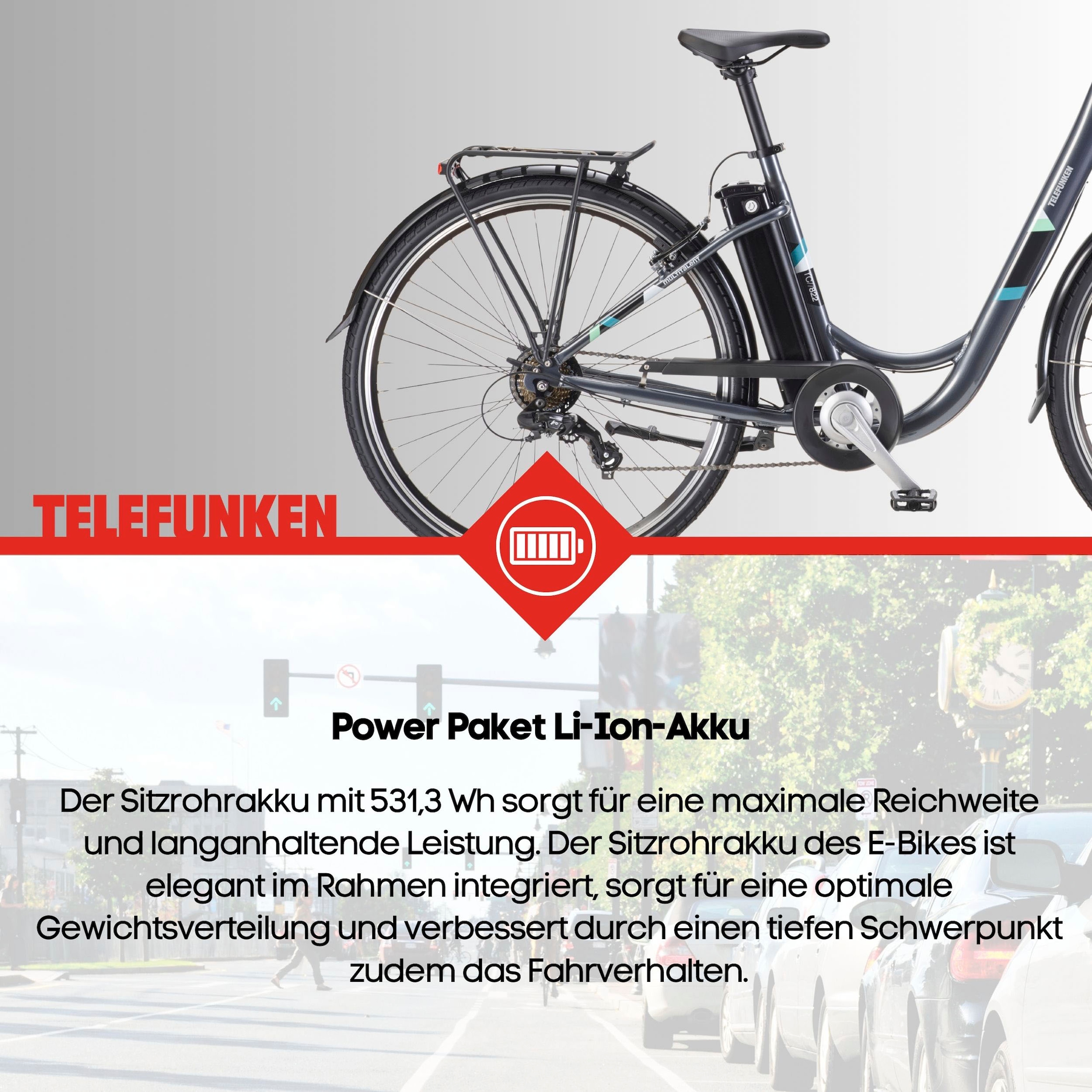 Telefunken E-Bike »Multitalent RC822«, 7 Gang, Shimano, Tourney, Frontmotor 250 W, (ca. 100 km Reichweite-2 V-Bremsen-Beleuchtung-Straßenzulassung), Elektrofahrrad, Damen Herren, 28 Zoll, 36,9 V, 531,3 Wh Akku, Pedelec