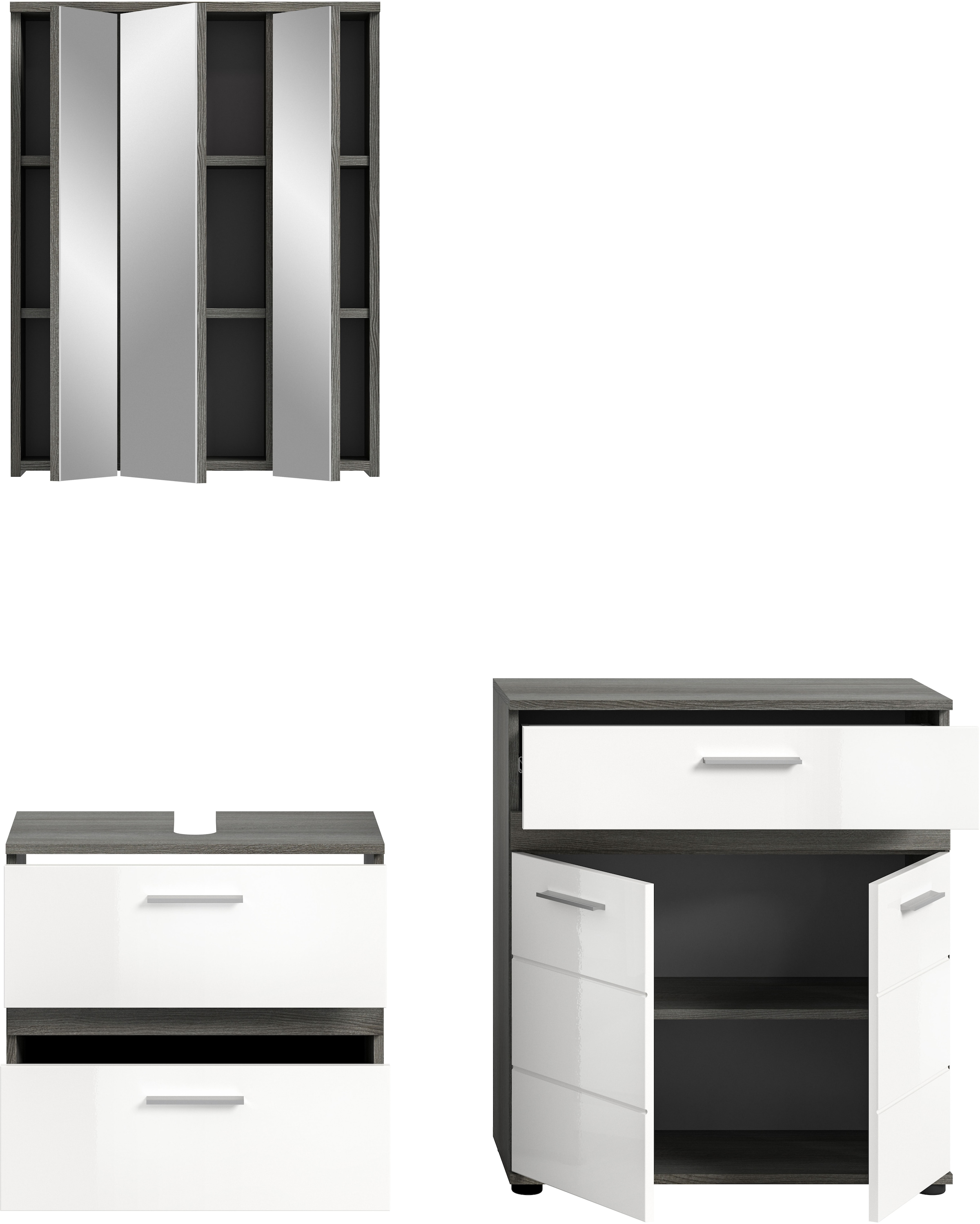 welltime Badmöbel-Set »LUCCA, 3-teilig, TOPSELLER!, hochwertige MDF Front«, (Set, 3 St., best. aus: Waschbeckenunterschrank, Spiegelschrank und Midischrank), Badkombination, Bad-Möbel, Badezimmer, Kombination, Kombi