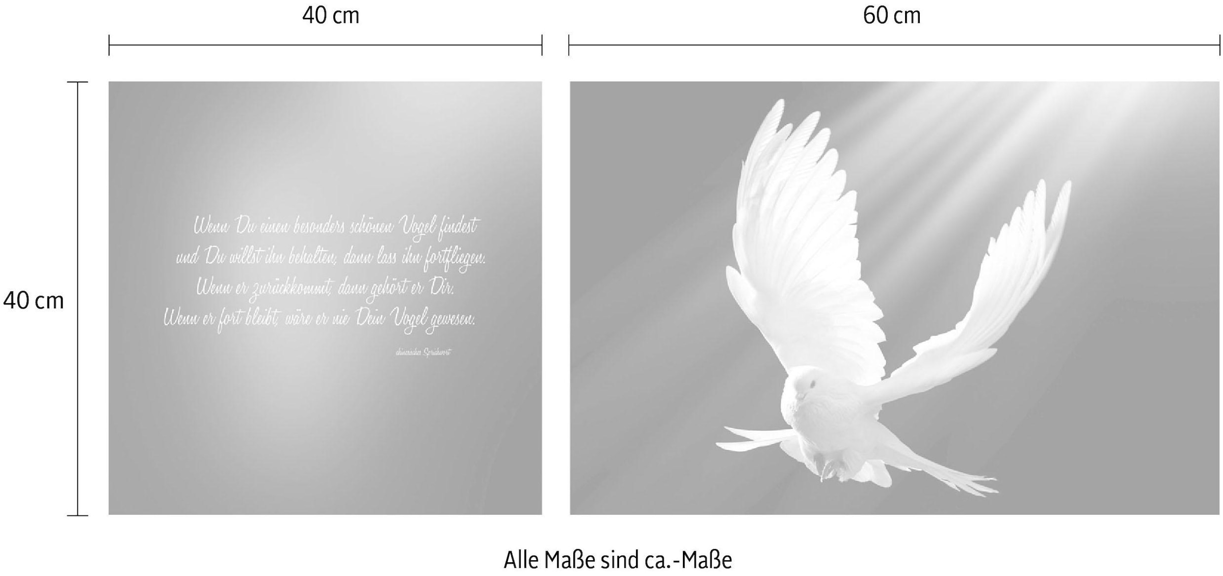 queence Leinwandbild »Friedenstaube«, Vogelbilder-Vögel-Kunst-Modern-Spa-Spa Bilder-Sprüche-Sprüche & Texte-Schriftzug-Schriftzüge, (Set), Premium-Leinwandstoff, Handarbeit aus Deutschland, Zitat, 2er Set