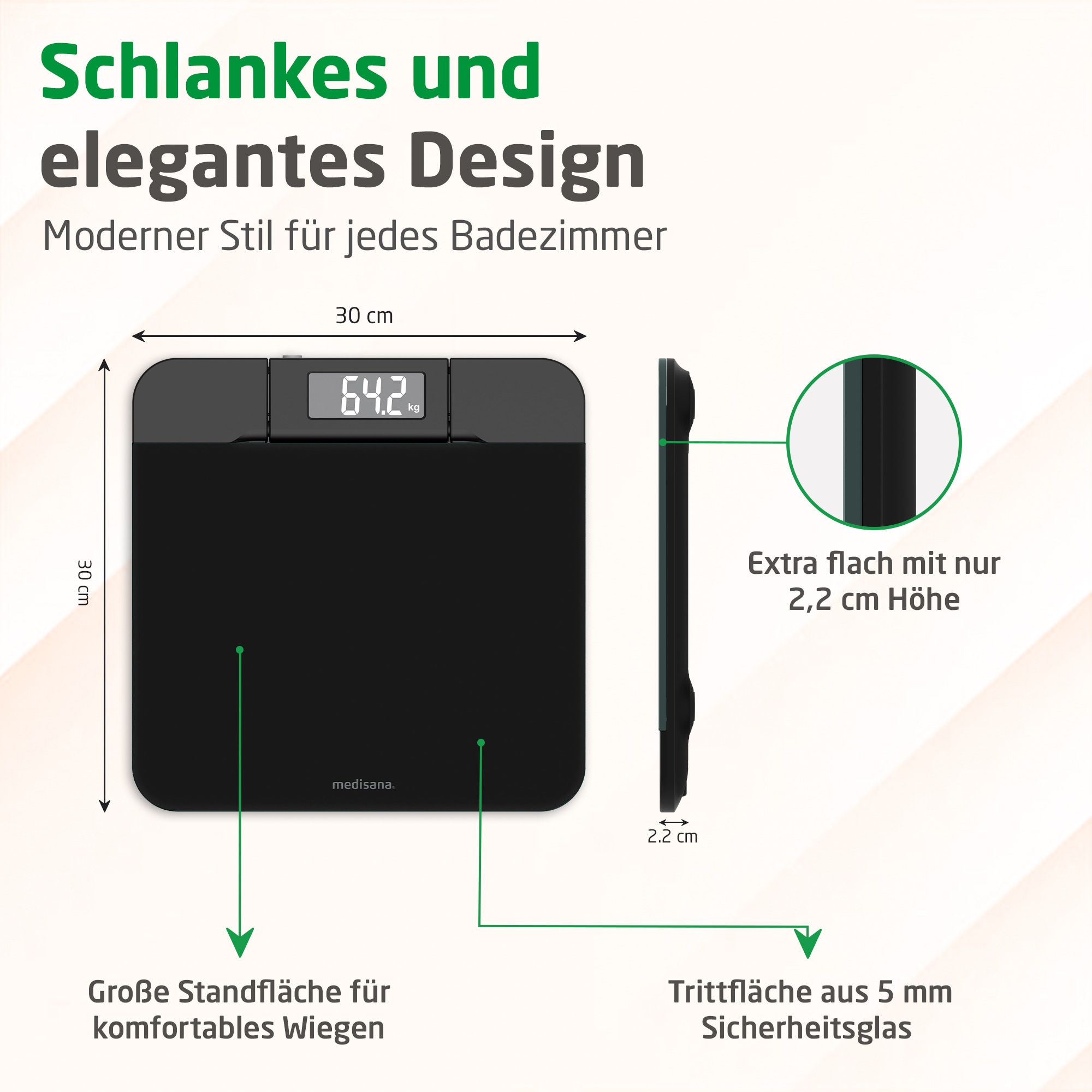 Medisana Personenwaage »PS 520, aus 5 mm Sicherheitsglas und mit Wandprojektionsanzeige« Tragkraft bis 180 kg, großes LCD-Display, Dehnungsmesssensoren