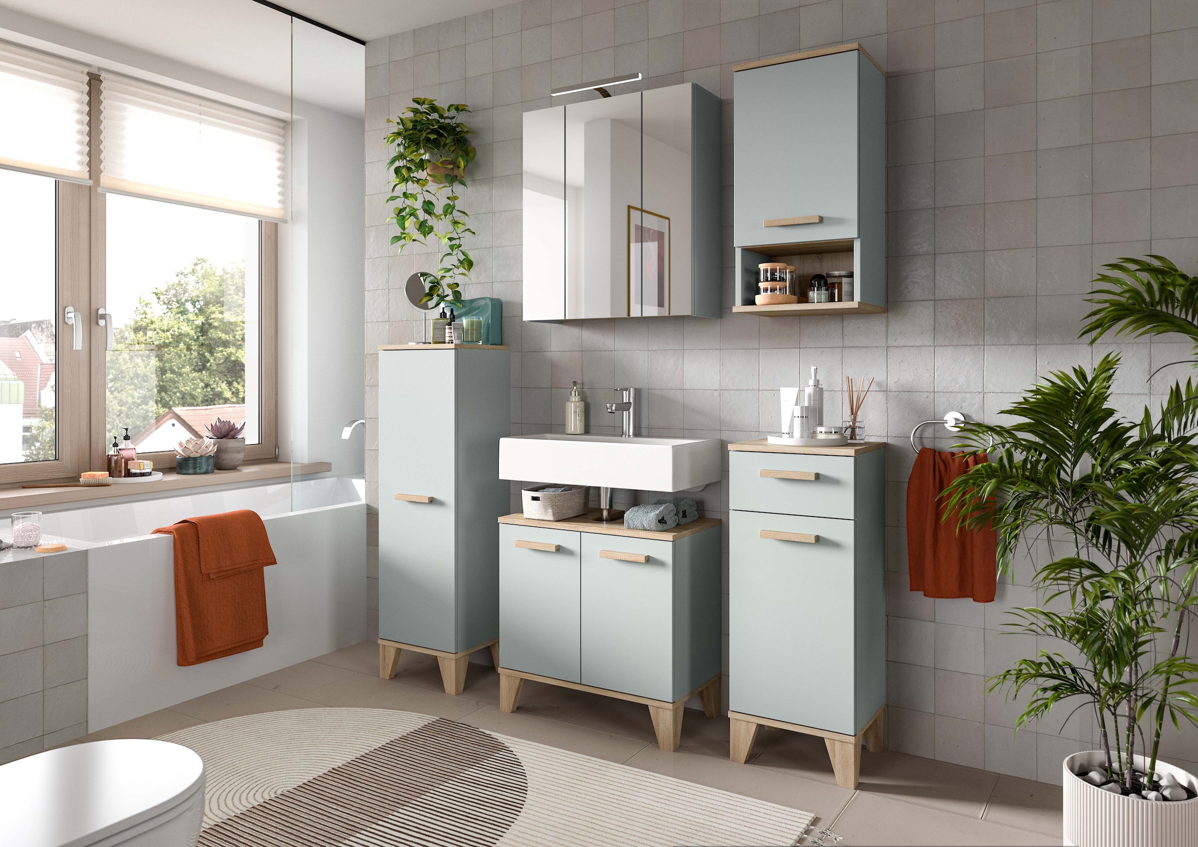 welltime Badmöbel-Set »MINTTU, 2-teilige moderne Badkombi im SCANDI-Look, inkl. Beleuchtung« bestehend aus: Waschbeckenunterschrank & Spiegelschrank, 2 Stk. tlg.