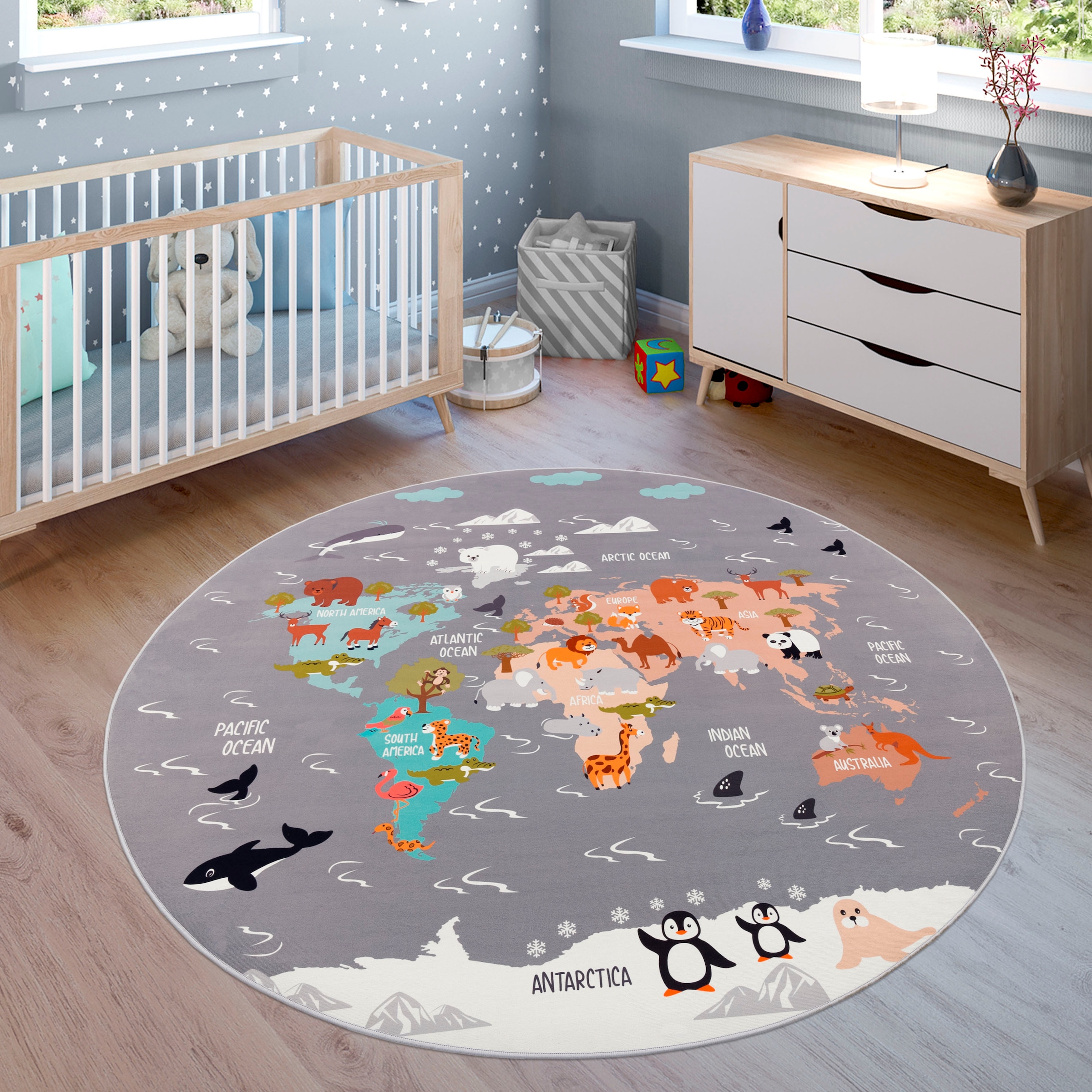 Paco Home Kinderteppich »Bino 581«, rund, Spielteppich, Motiv Weltkarte & Tiere, Kinderzimmer