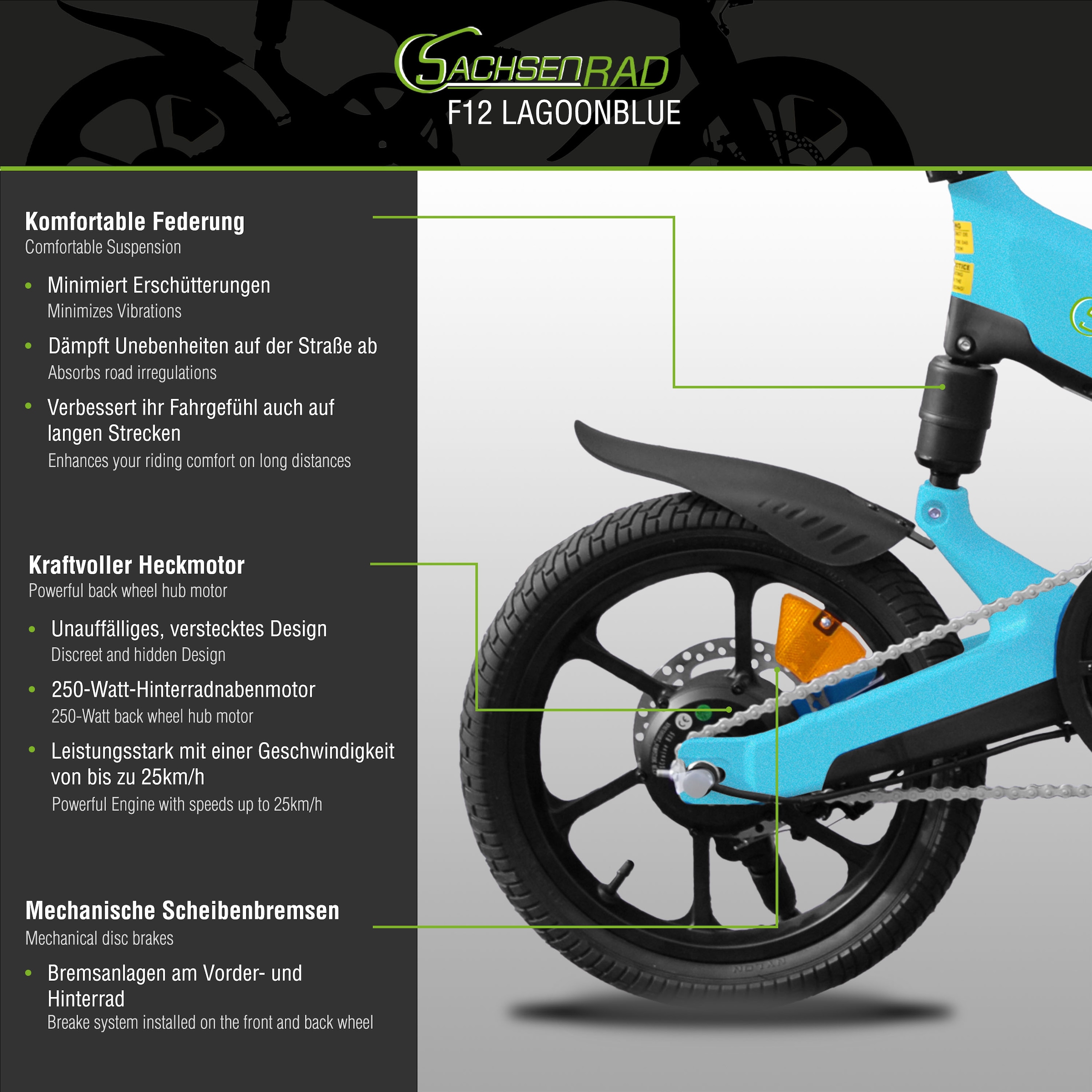 SachsenRad E-Bike »F12«, 1 Gang, Shimano, keine, Heckmotor 250 W, LCD-Steuerdisplay, Fahrmodus Pedelec, 
LED-Frontlicht, LED Rücklicht