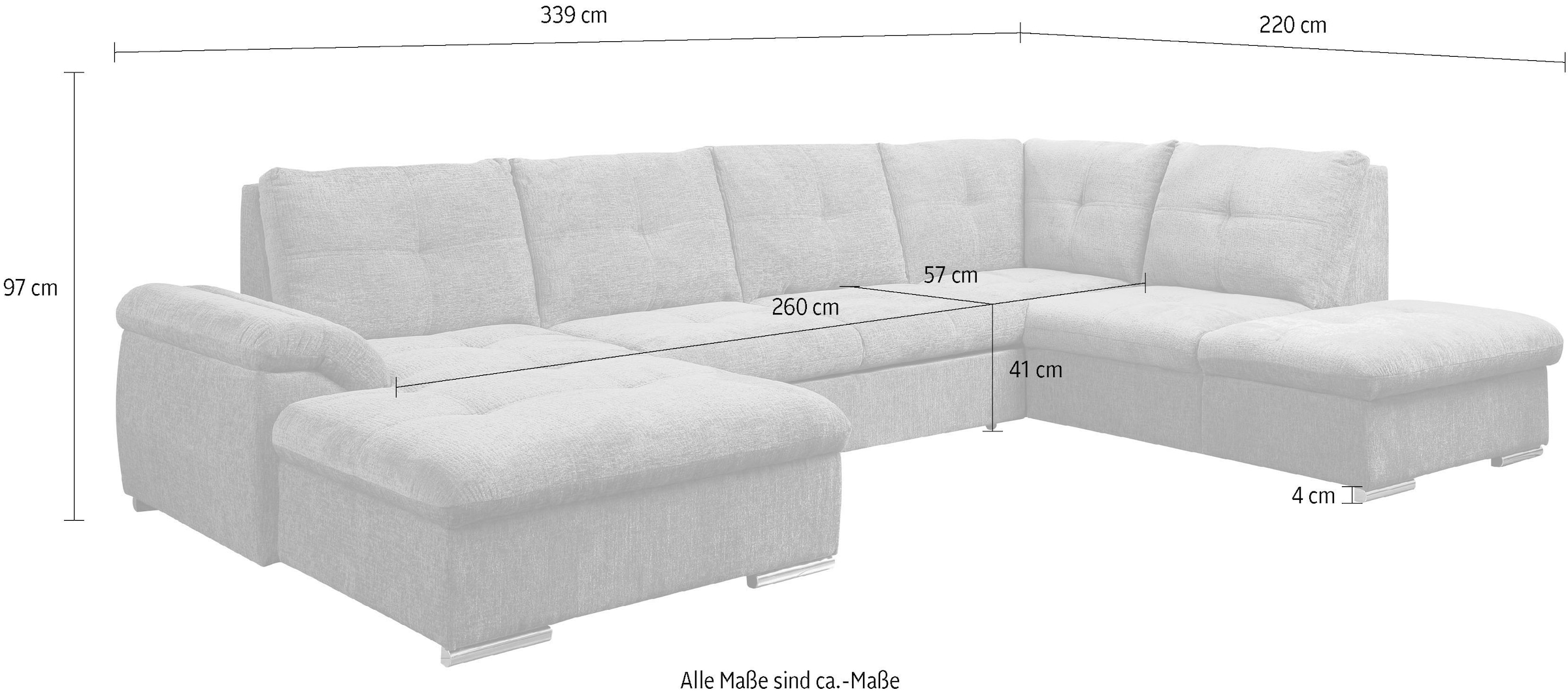 WERK2 Wohnlandschaft »Arena 339 x 220 cm mit Bett & Bettkasten, wahlw. mit 2 Kopfstützen« U-Form, XXL, Schlaffunktion, Bettkasten