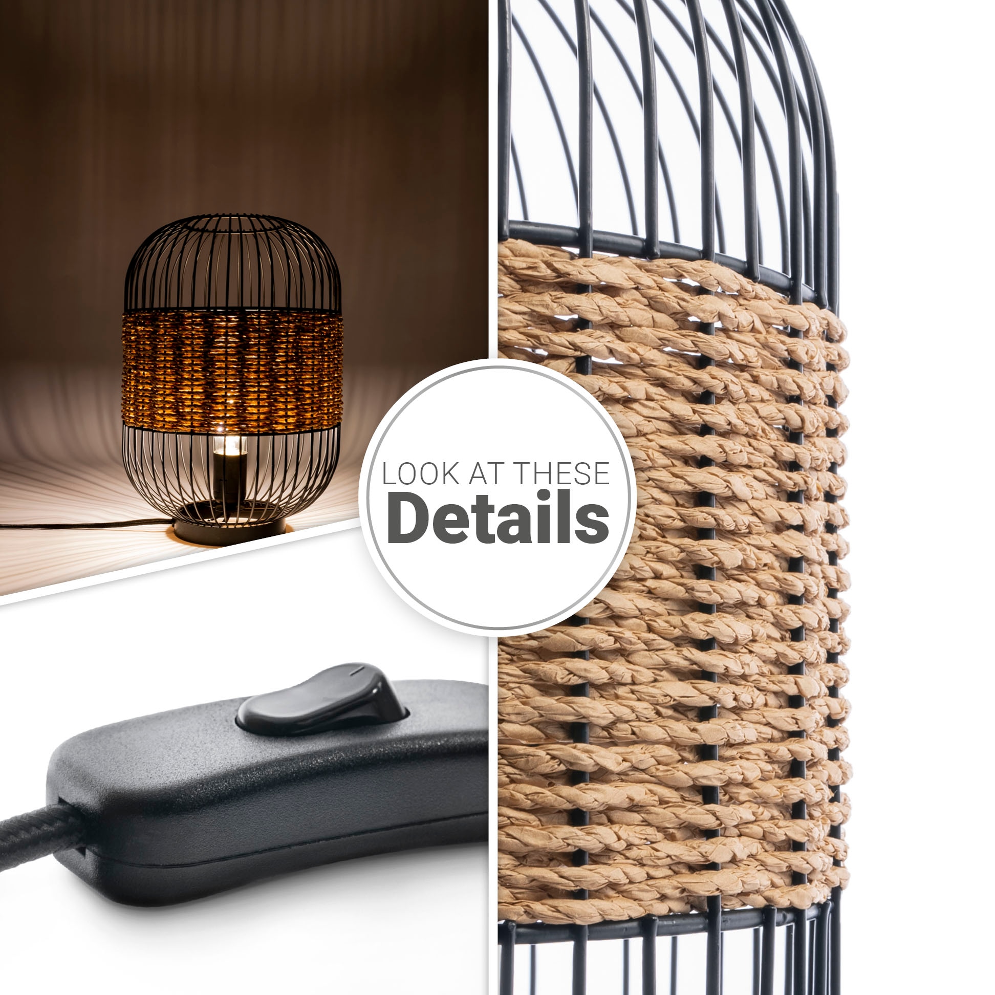 Paco Home Tischleuchte »PUCA«, Leuchtmittel E27 | ohne Leuchtmittel, Käfig Papier Nachttisch Lampe Metall E27 Vintage Boho