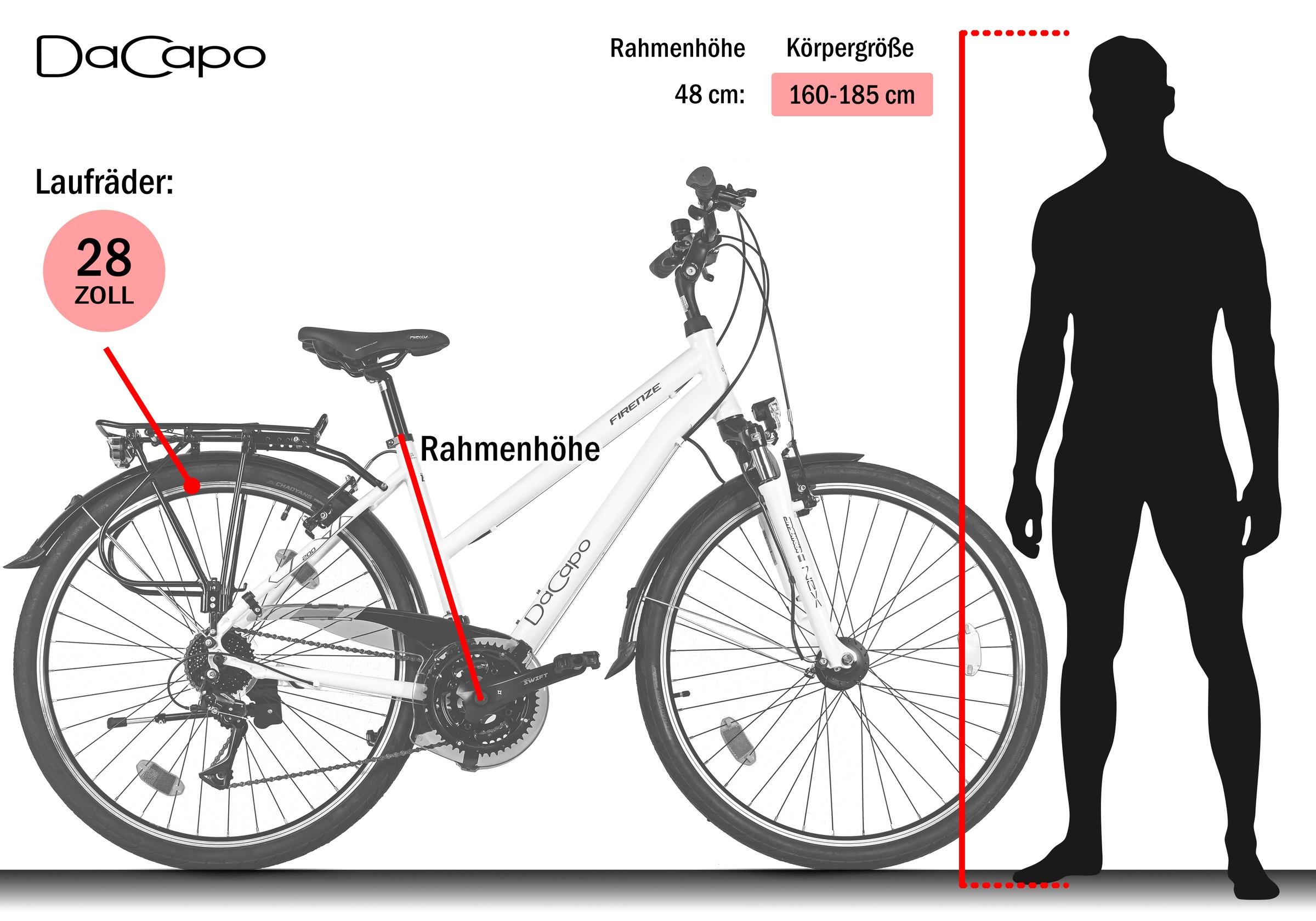 Dacapo Trekkingrad »Firenze 200 Weiß 24 Gänge RH 48 cm V-Brakes« 24 Gang Shimano Acera Schaltwerk Kettenschaltung