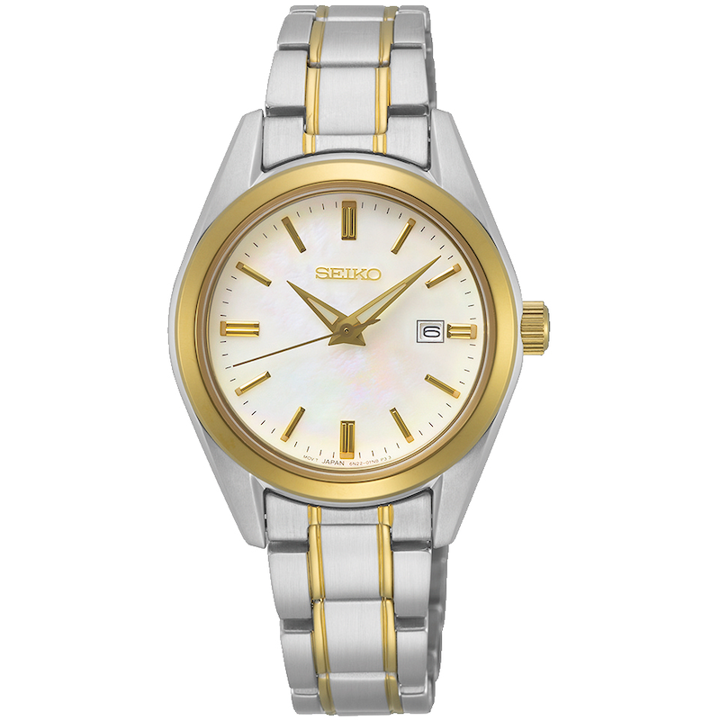 SEIKO Quarzuhr Armbanduhr, Damenuhr, Saphirglas, Datum, Edelstahlarmband silberfarben-goldfarben Elegante Damenarmbanduhr