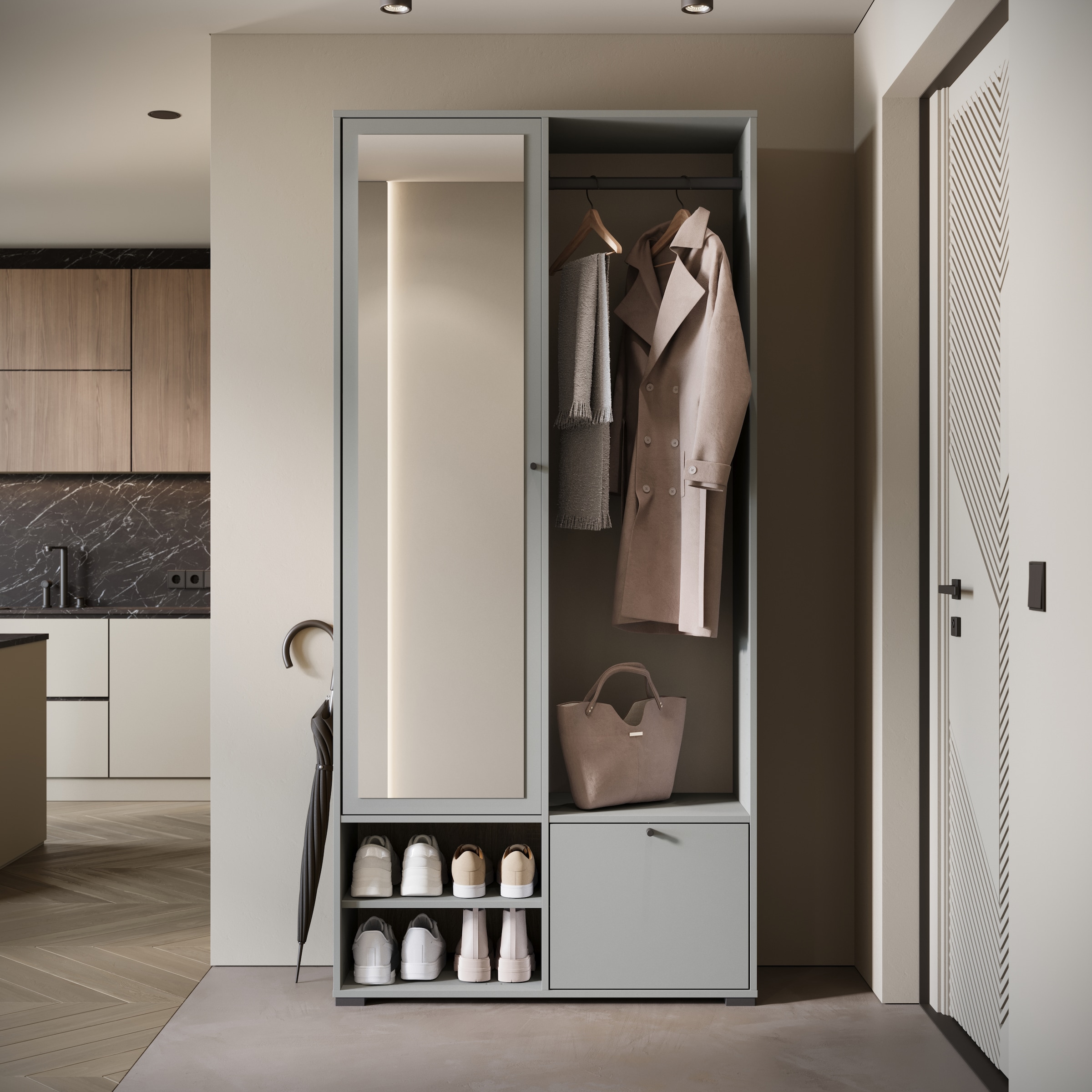 INOSIGN Garderobenschrank »DINO Kompaktgarderobe, Garderoben-Set DINO«, Mit Spiegel und Kleiderstange, 90 cm breit, Türanschlag wechselbar