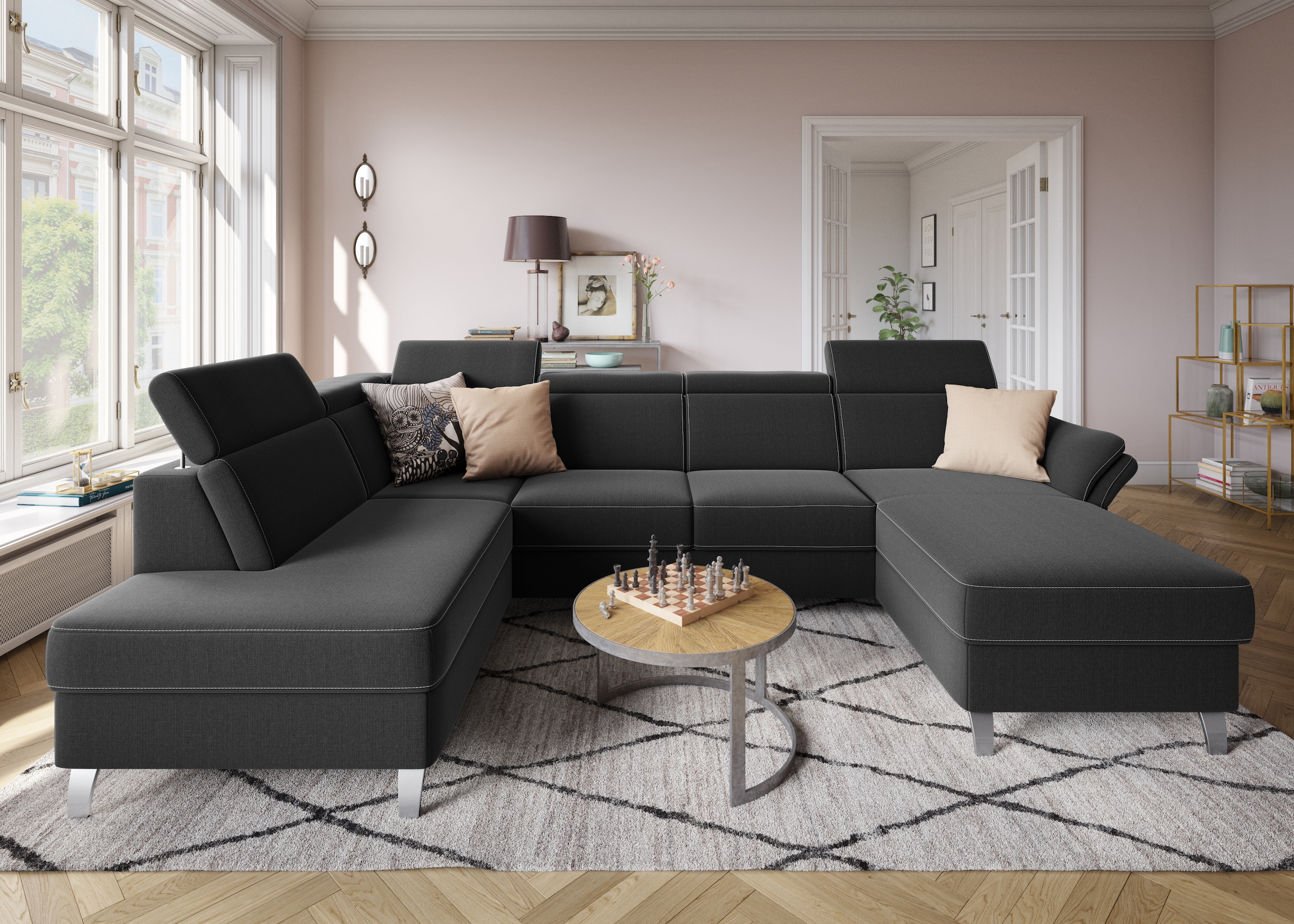 sit&more Wohnlandschaft »Vincenzo U-Form«, inklusive Kopfteilverstellung, wahlweise mit Bettfunktion, Bettkasten