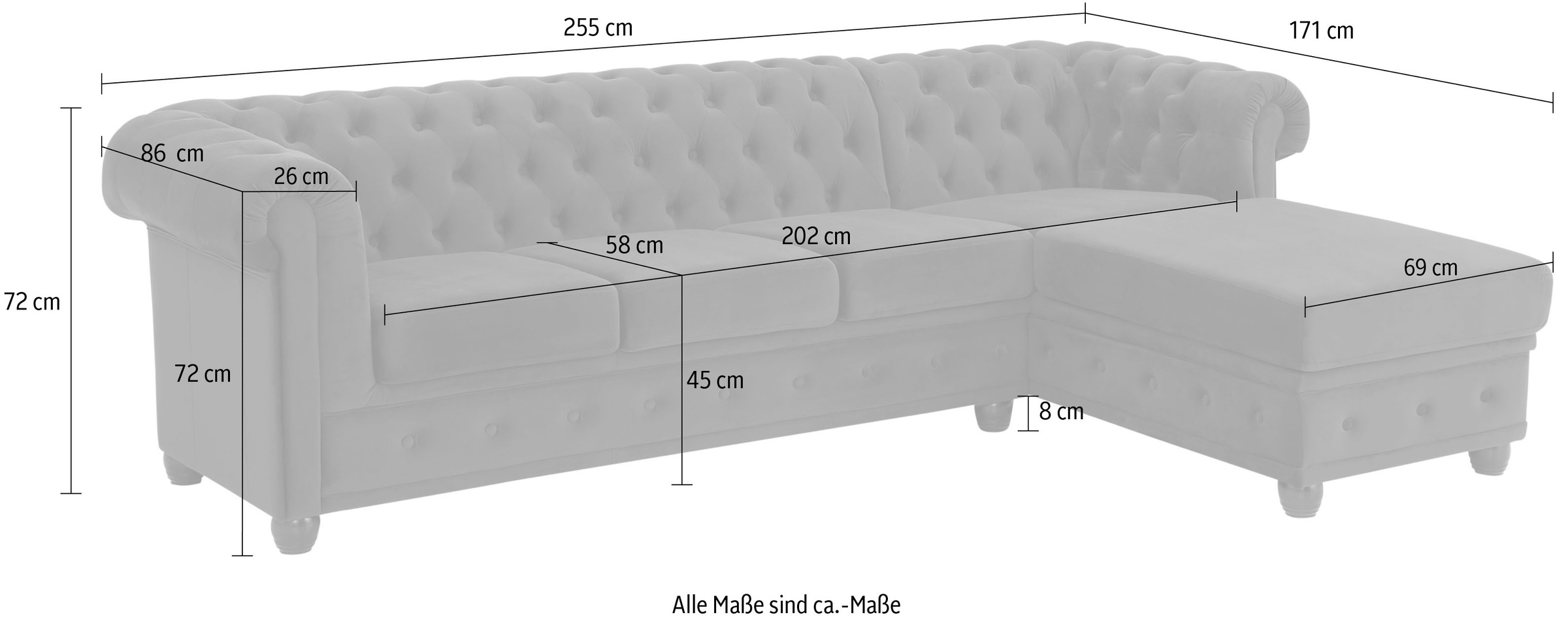 Home affaire Chesterfield-Sofa »New Castle L-Form«, hochwertige Knopfheftung in Chesterfield-Design, B/T/H: 255(171/72)