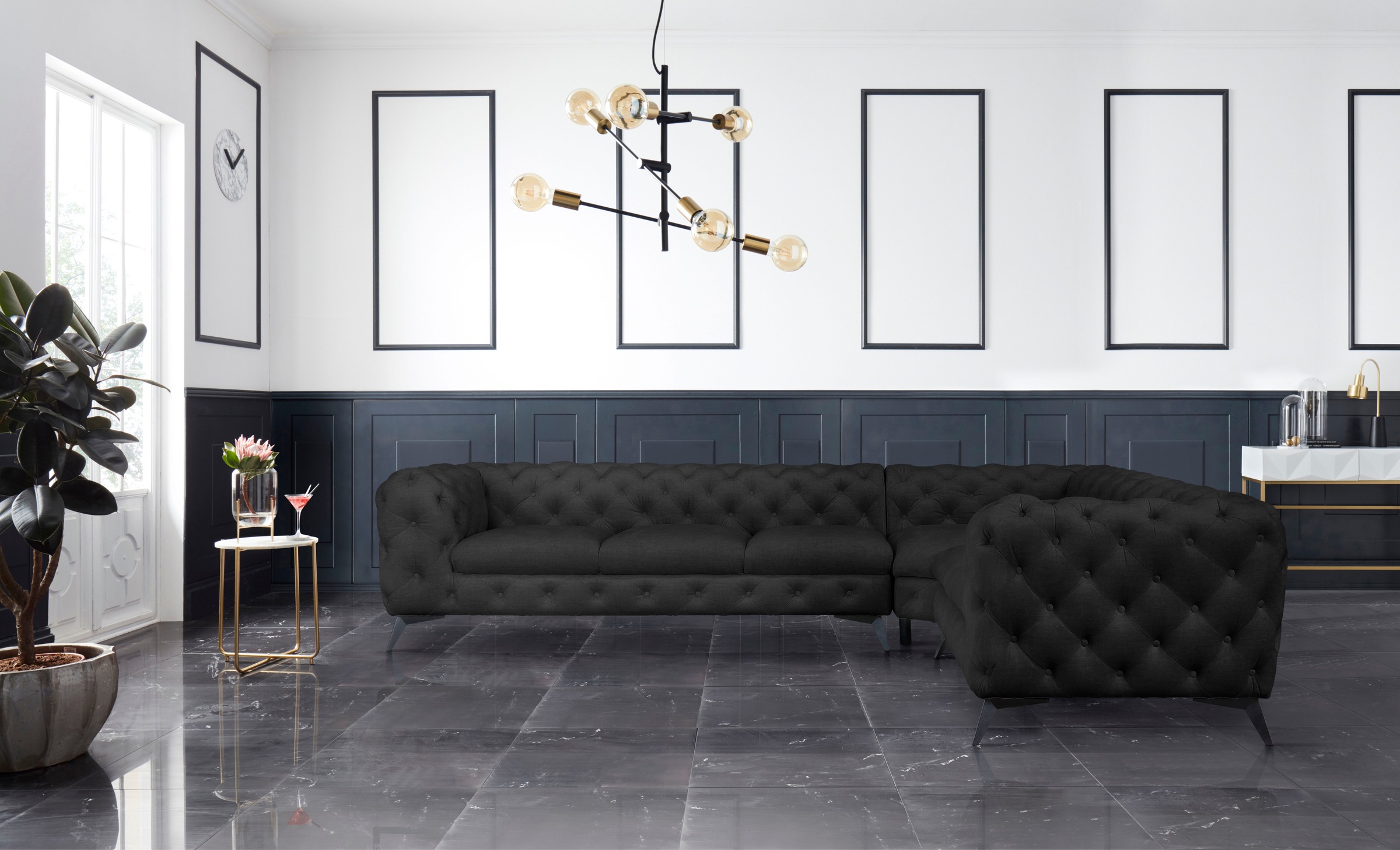Leonique Chesterfield-Sofa »Ecksofa GLYNIS L-Form mit Wellenunterfederung, Maße B/T/H 323/264/75cm«, aufwändige Knopfheftung, moderne Chesterfield Optik, Fußfarbe wählbar