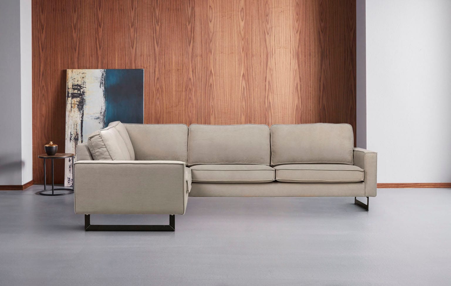 Places of Style Ecksofa »Pinto, XXL, 250/290 cm, langer Schenkel, Ottomane«, Cord, Chenille, Lederoptik, mit Keder, Metallfüße, Wellenunterfederung