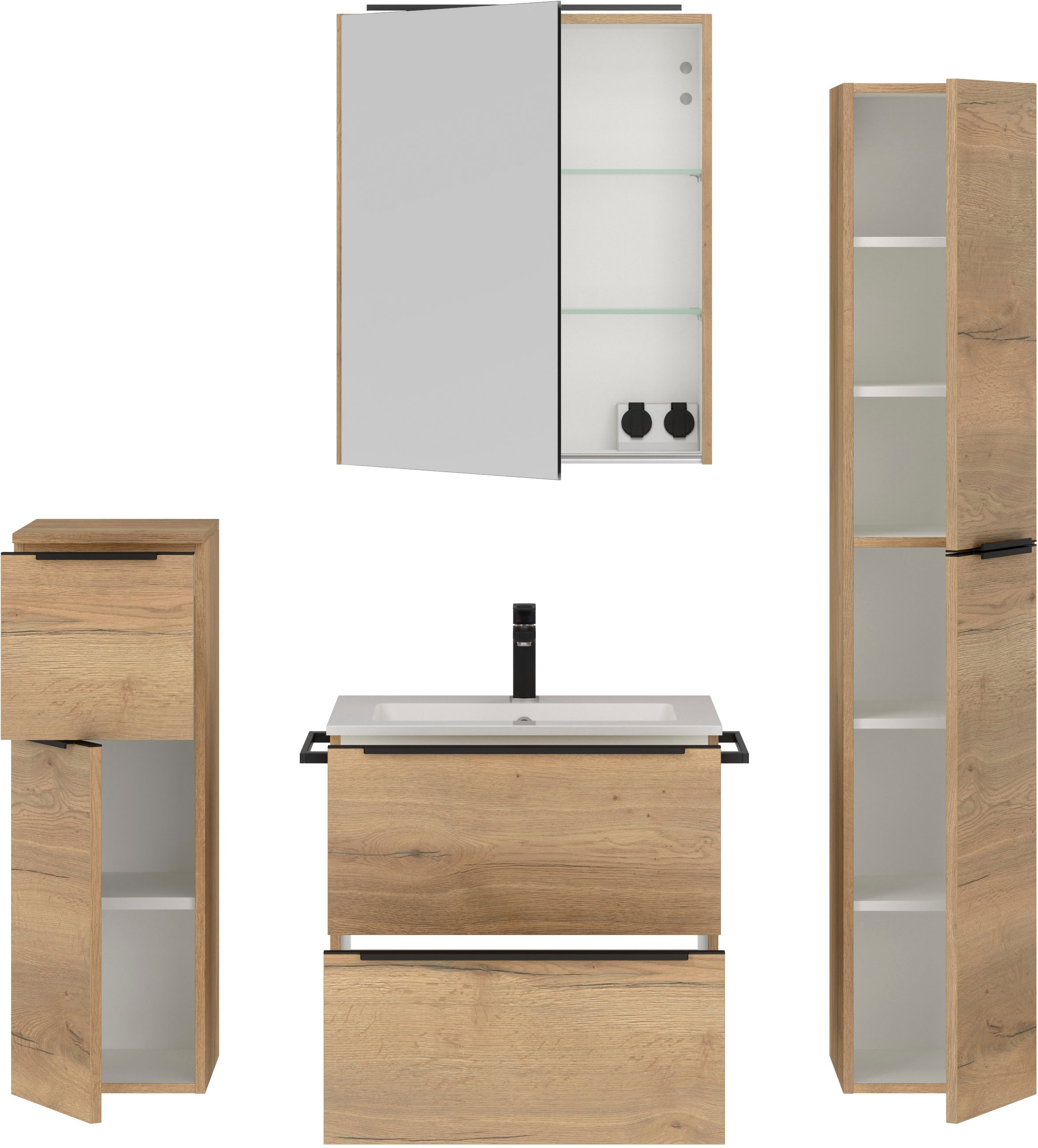 nobilia® Badmöbel-Set »Levere«, (4 St., vormontiert, mit Soft-Close), inkl. Spiegelschrank mit Beleuchtung und Dimmerfunktion, in 4 Breiten