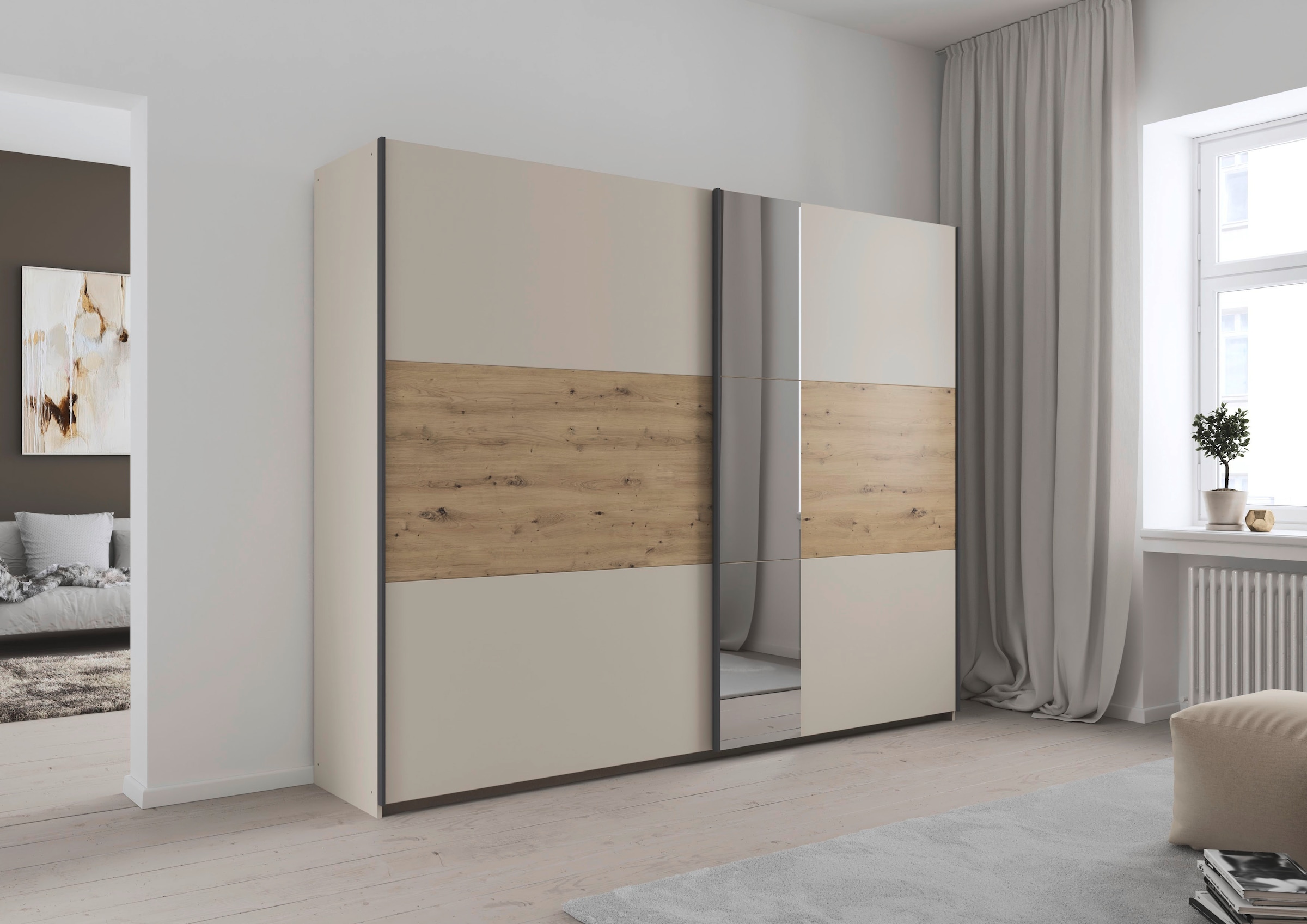 rauch Schwebetürenschrank »Kleiderschrank Schrank Garderobe Schlafzimmerschrank SAJO«, in 2 Breiten (218, 261 cm) optional mit Spiegel MADE IN GERMANY
