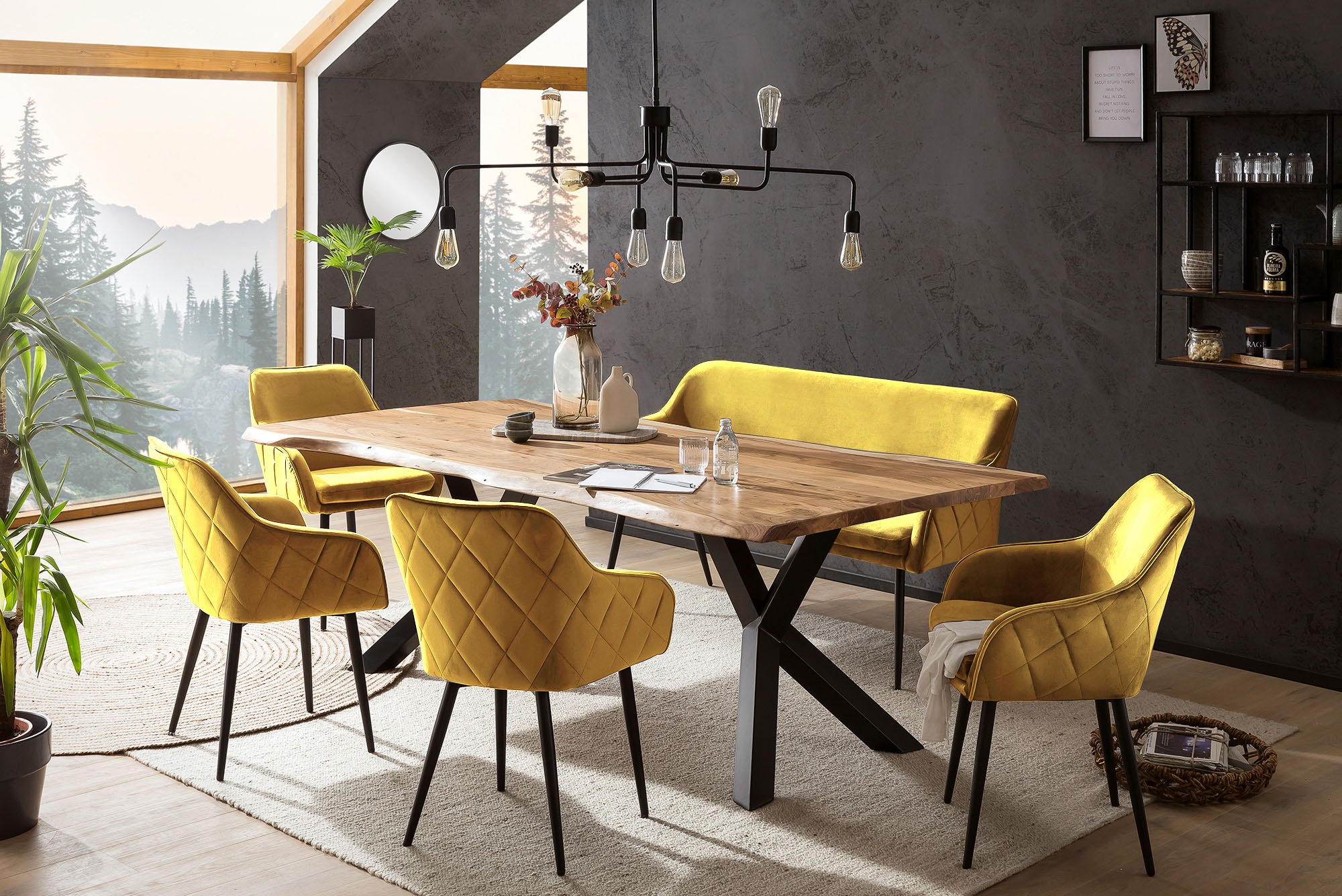 SALESFEVER Eckbankgruppe »Eckbankgruppe in Landhausstil« Set, 6 Stk. tlg. Rückenfläche mit aufwändiger Rautensteppung Senfgelb, Natur/Schwarz +...