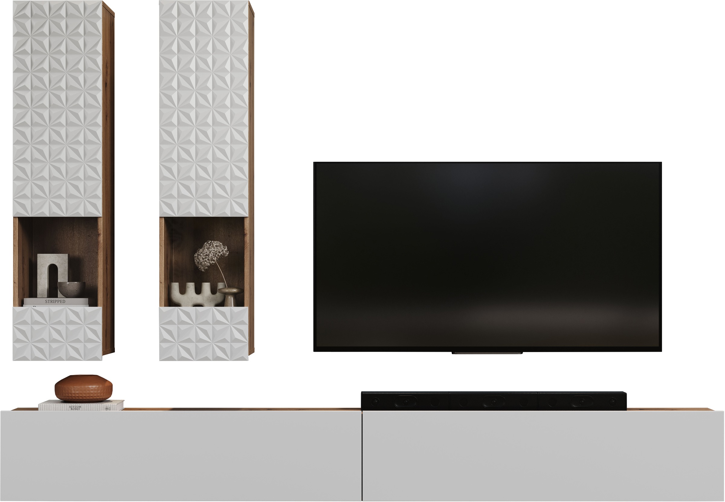 INOSIGN Wohnwand »Rezzo, 2 Hängevitrinen mit Relief-Front, 2 Lowboards je Br. 120 cm«, (Komplett-Set, 4 St.), insgesamt Br. 240 cm, Montage stehend oder hängend