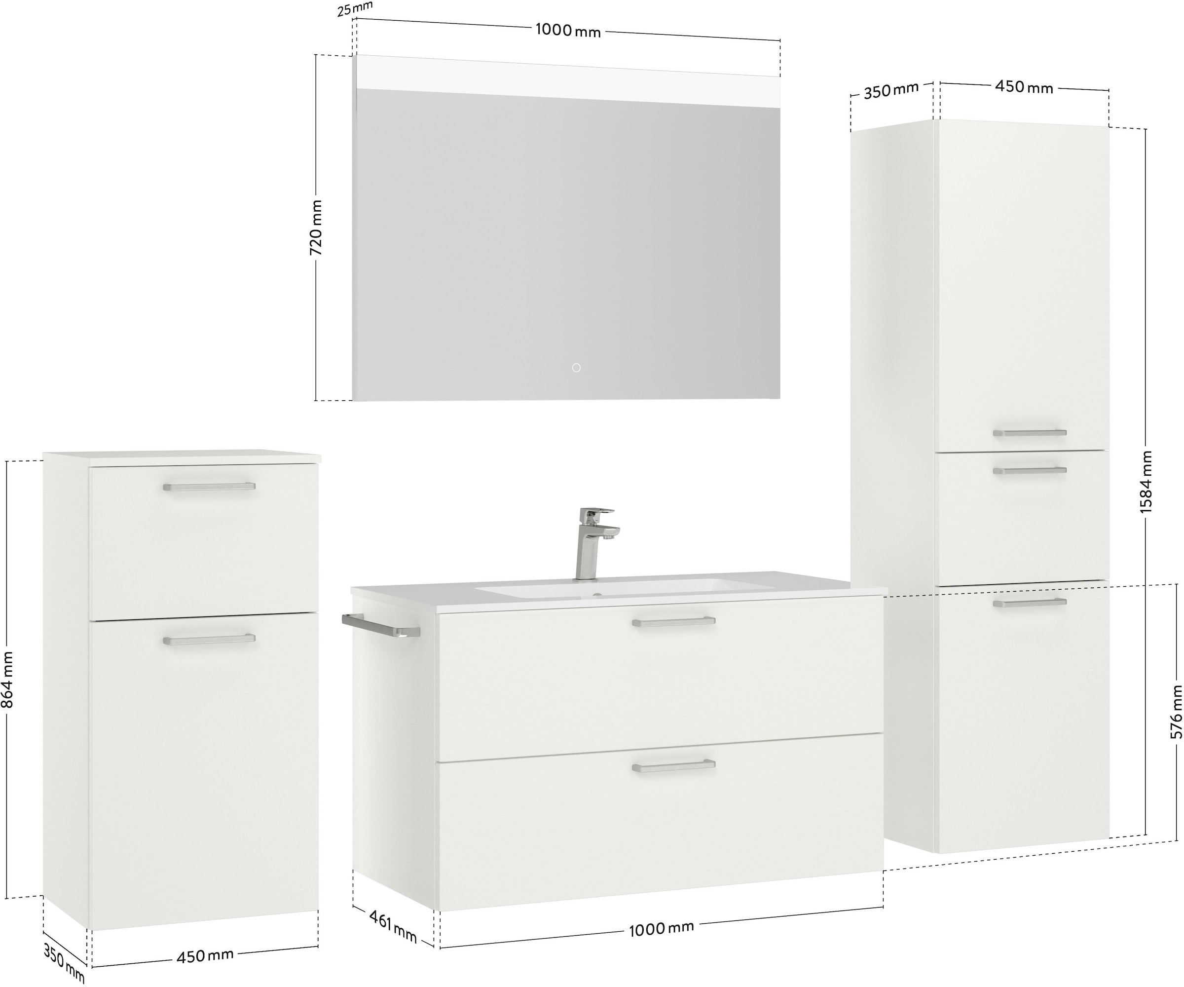 nobilia® Badmöbel-Set »Tolvina«, (4 St., vormontiert, mit Soft-Close), inkl. Spiegel mit Touch-Sensor, in vier Breiten