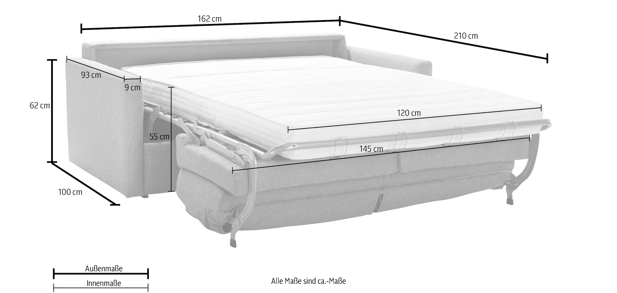 Places of Style Schlafsofa »Goldpoint 162 cm, Dauerschläfer, Liegefläche 120/200cm,«, 2-Sitzer mit Bettfunktion, Bonell-Federkernmatratze