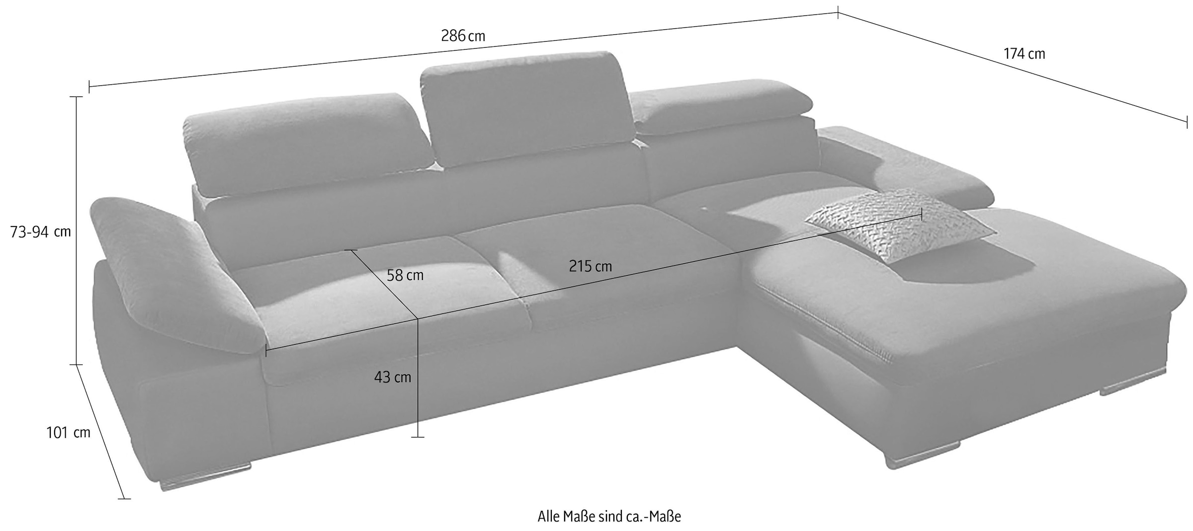 sit&more Ecksofa »Valantine L-Form, B: 286 cm« mit Arm- & Kopfteilverstellung, optional mit Bettfunktion
