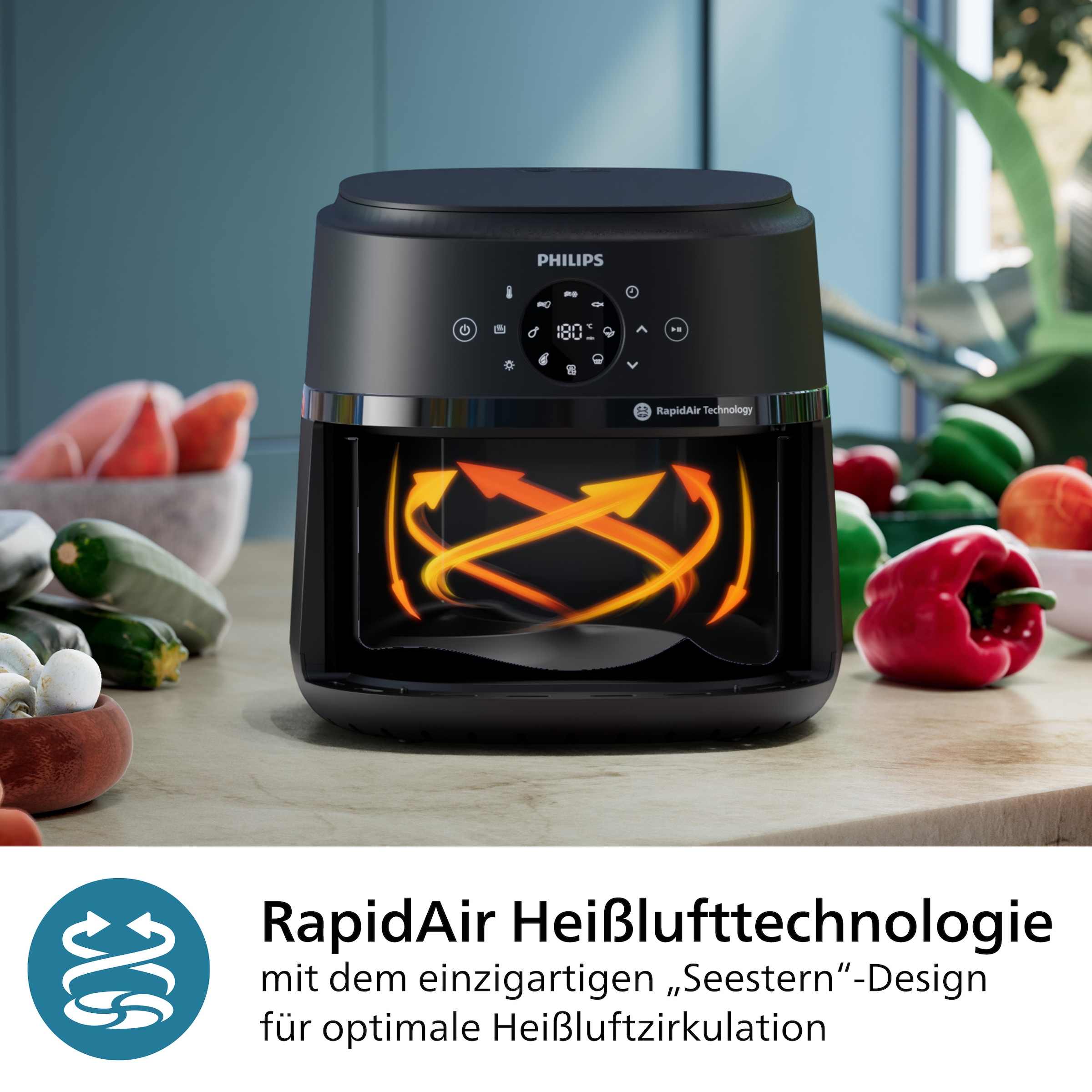 Philips Heißluftfritteuse »Airfryer 2000 NA231/00, mit 6.2L, Sichtfenster«, 1700 W, RapidAir Technologie und 13 Kochfunktionen; Schwarz/Silber