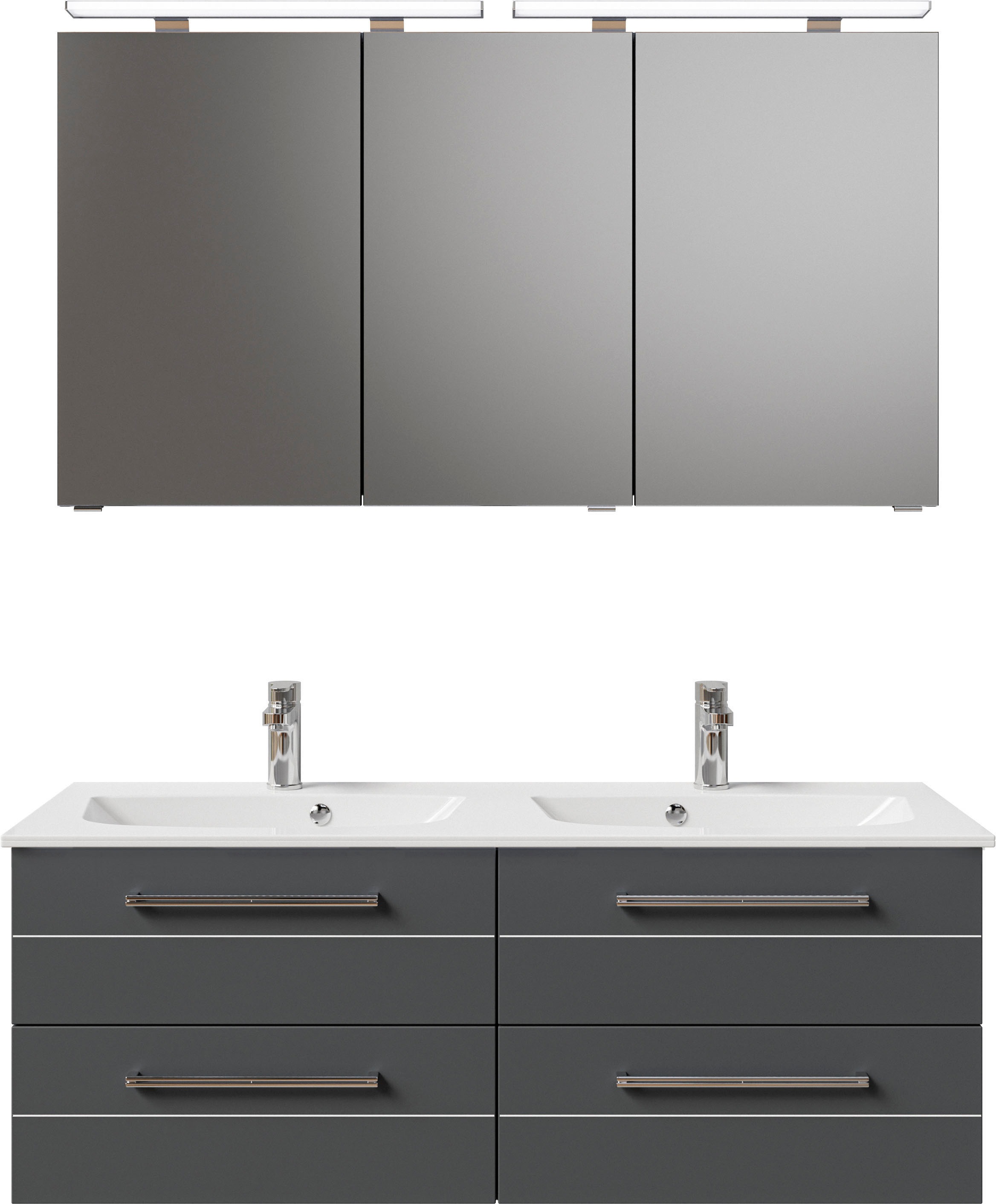 Saphir Badmöbel-Set »Serie 6025 2-teilig Mineralmarmor-Waschtisch mit LED-Spiegelschrank«, (2 St.), Waschplatz 132cm breit, 4 Schubladen, 2 Spiegel-Türen, inkl Türdämpfer