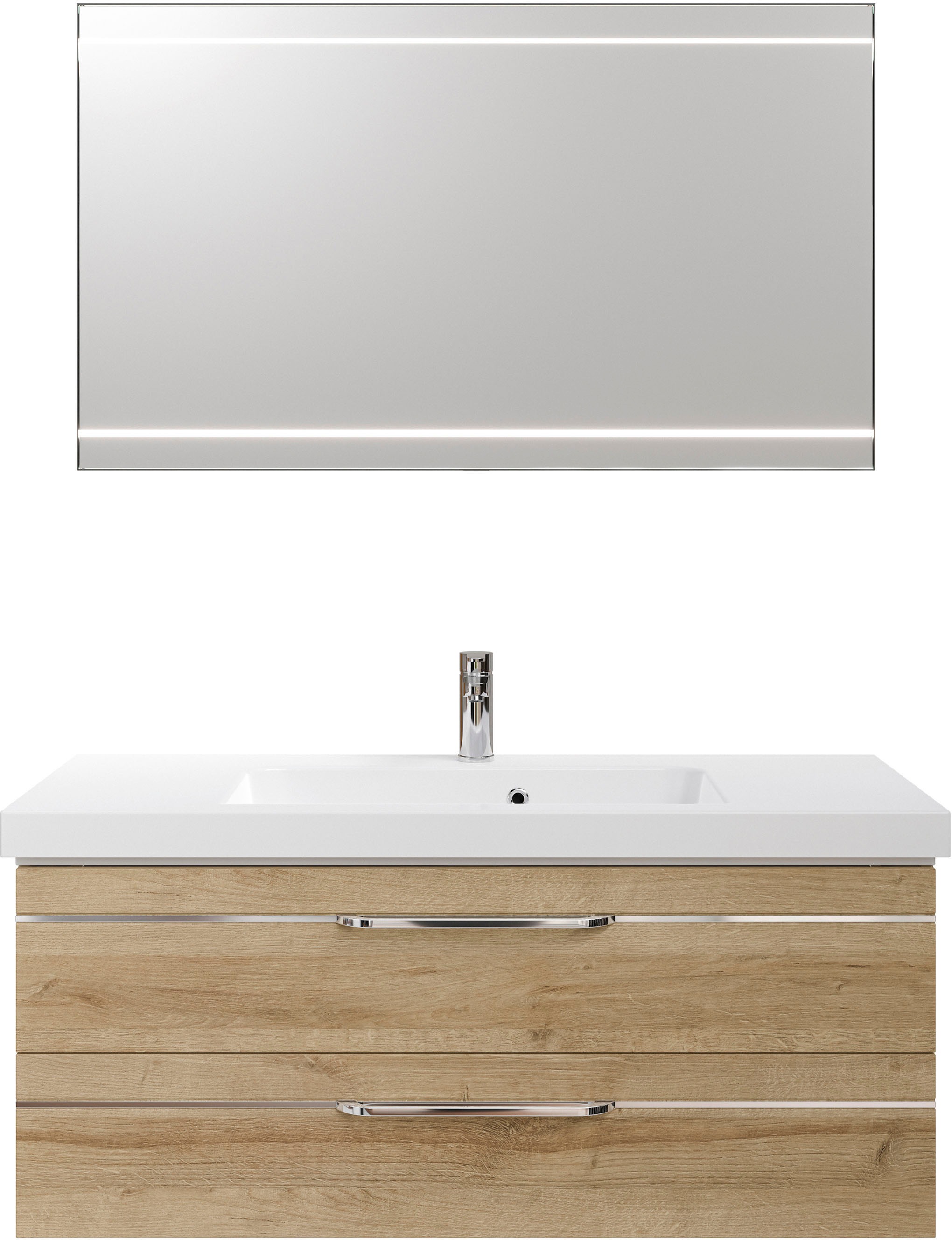 Saphir Badmöbel-Set »Balto 2-teilig Mineralmarmor-Waschtisch mit LED-Spiegel, 123 cm breit«, (2 St.), Waschplatz mit 2 Schubladen, Badschrank inkl. Schubladendämpfer