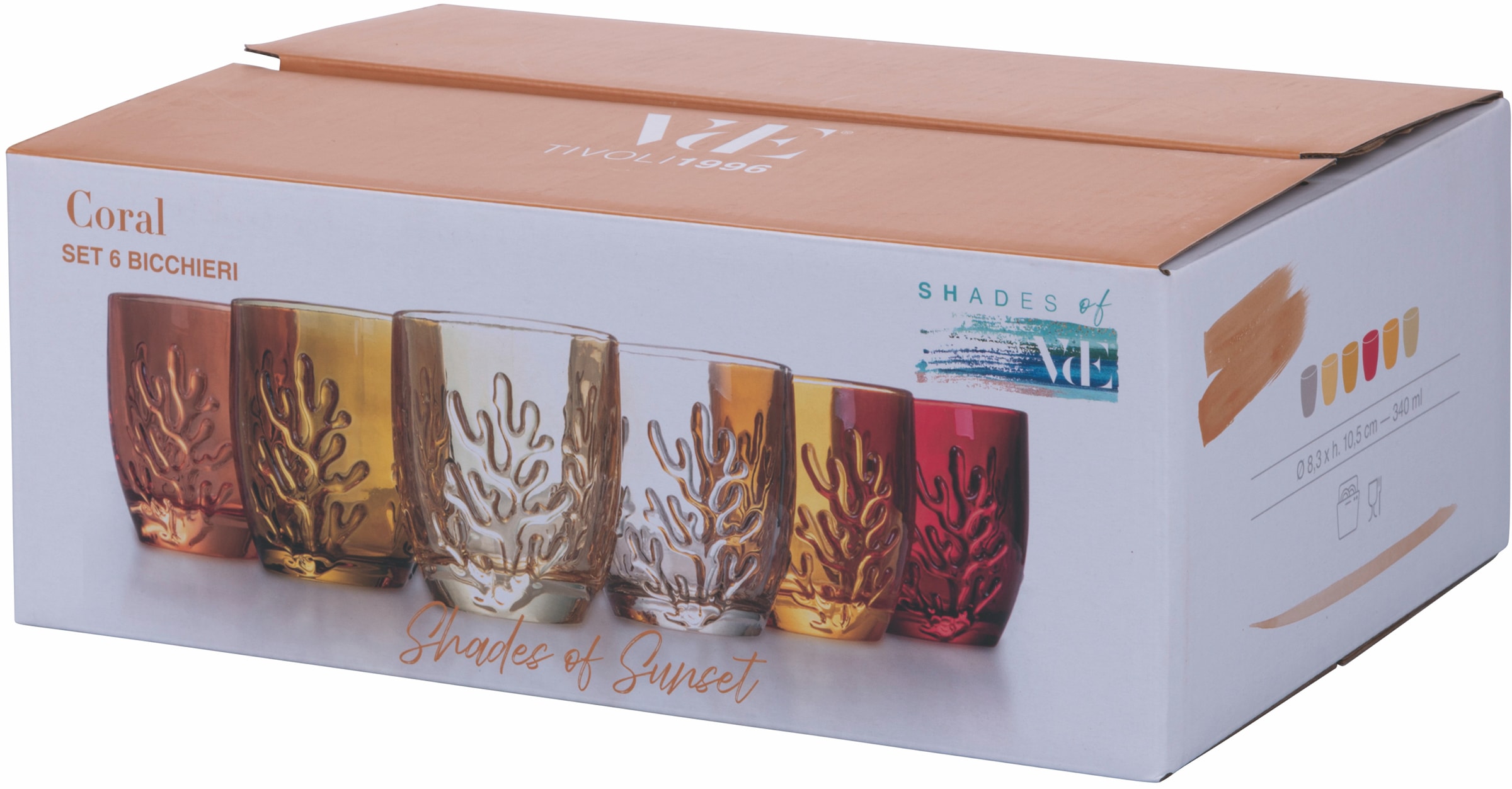 Villa d'Este Gläser-Set »Coral Sunset«, (Set, 6 tlg.), Wassergläser-Set, 6-teilig, Inhalt 340 ml