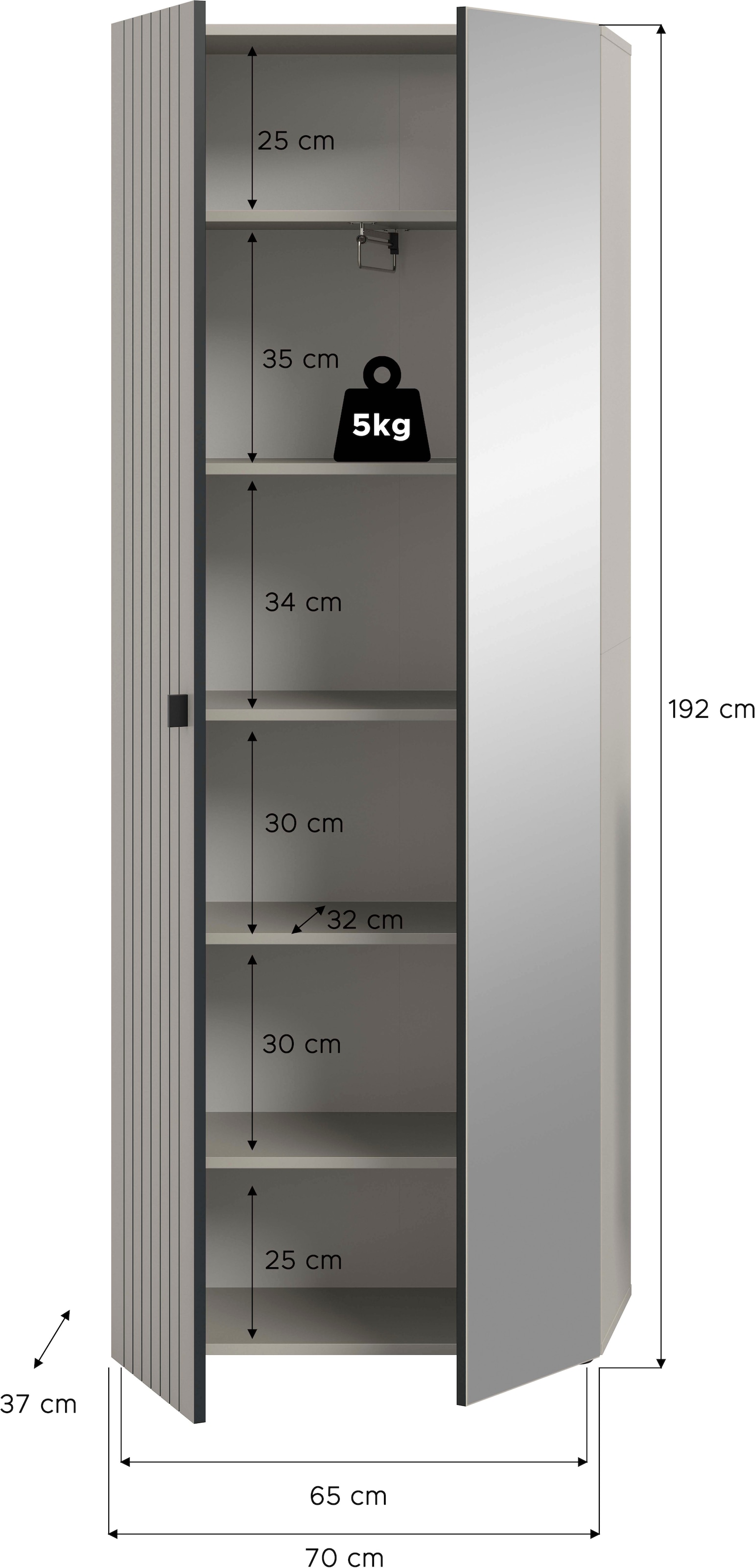 INOSIGN Garderobenschrank »TATIO, Höhe 192 cm, Rillenoptik, Spiegeltür« 1 Stk. tlg. Garderobenschrank, Flurschrank, Dielenschrank