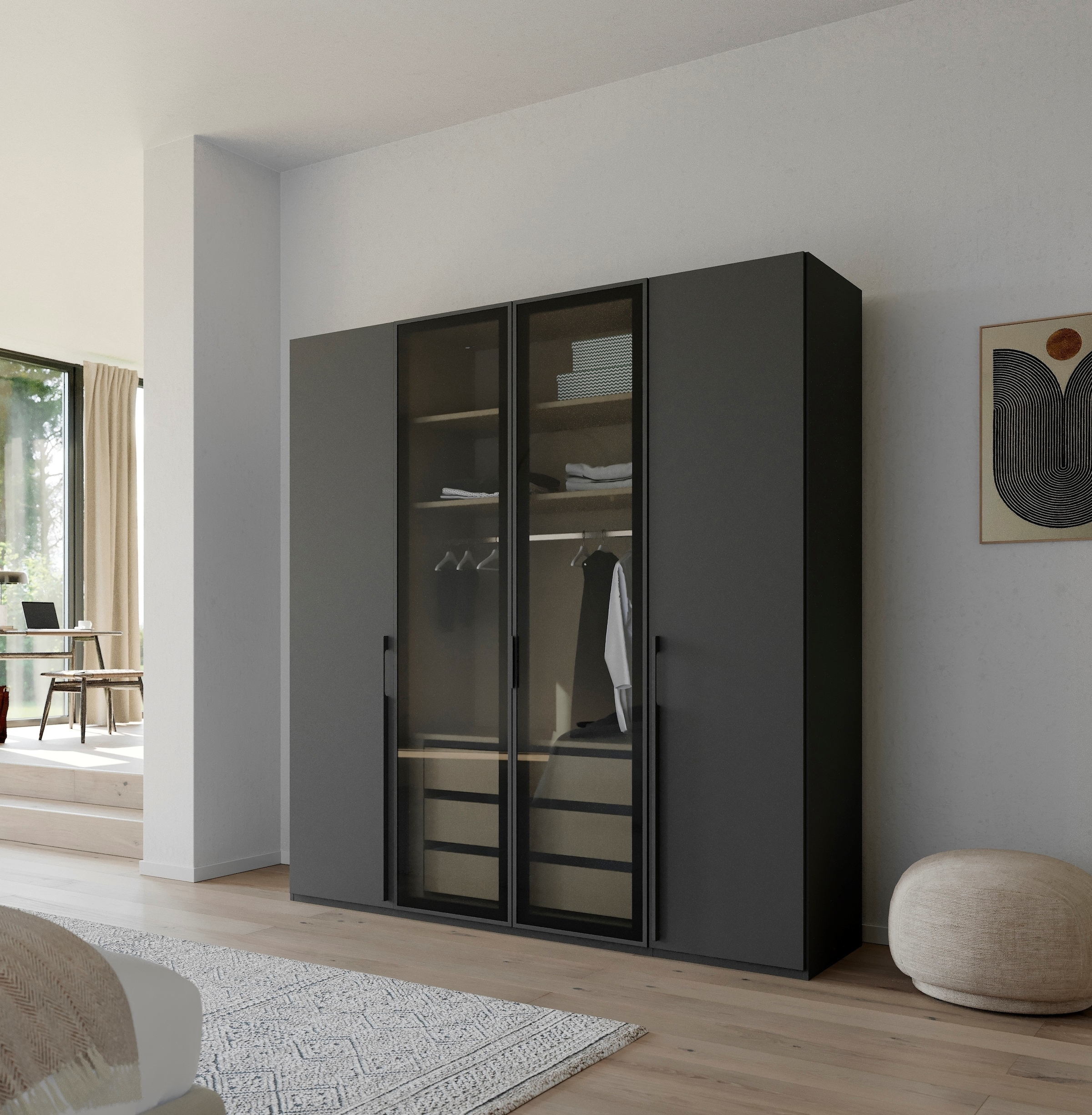 rauch Drehtürenschrank »Kleiderschrank Schrank Garderobe SKAT SHINE mit hochwertigem,«, transparentem Grauglas inkl. umfangreichem Zubehör MADE IN GERMANY