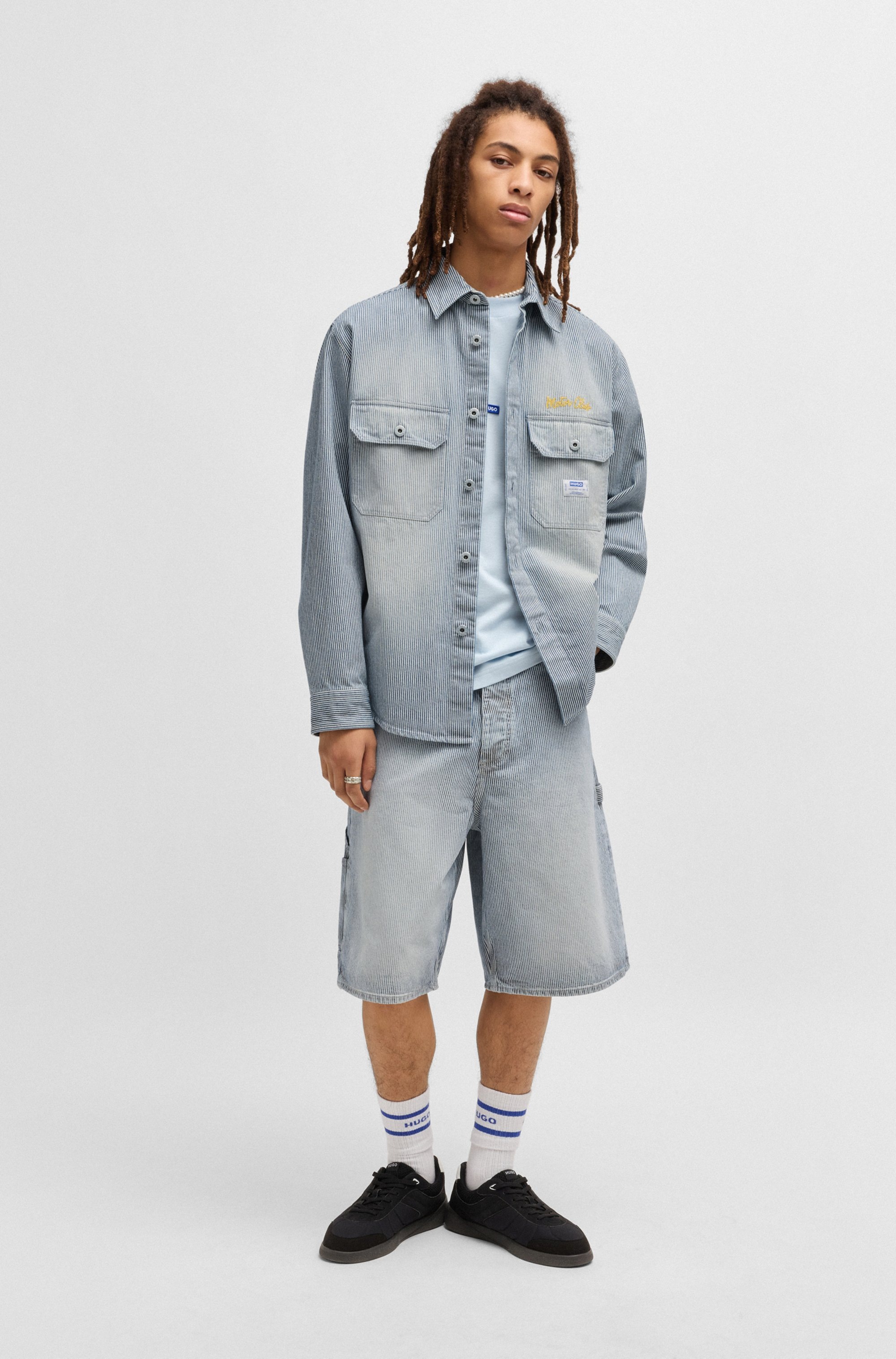 HUGO Blue Langarmhemd »Ebolt«, mit HUGO Badge, Overshirt Skater Baggy Pinstripe