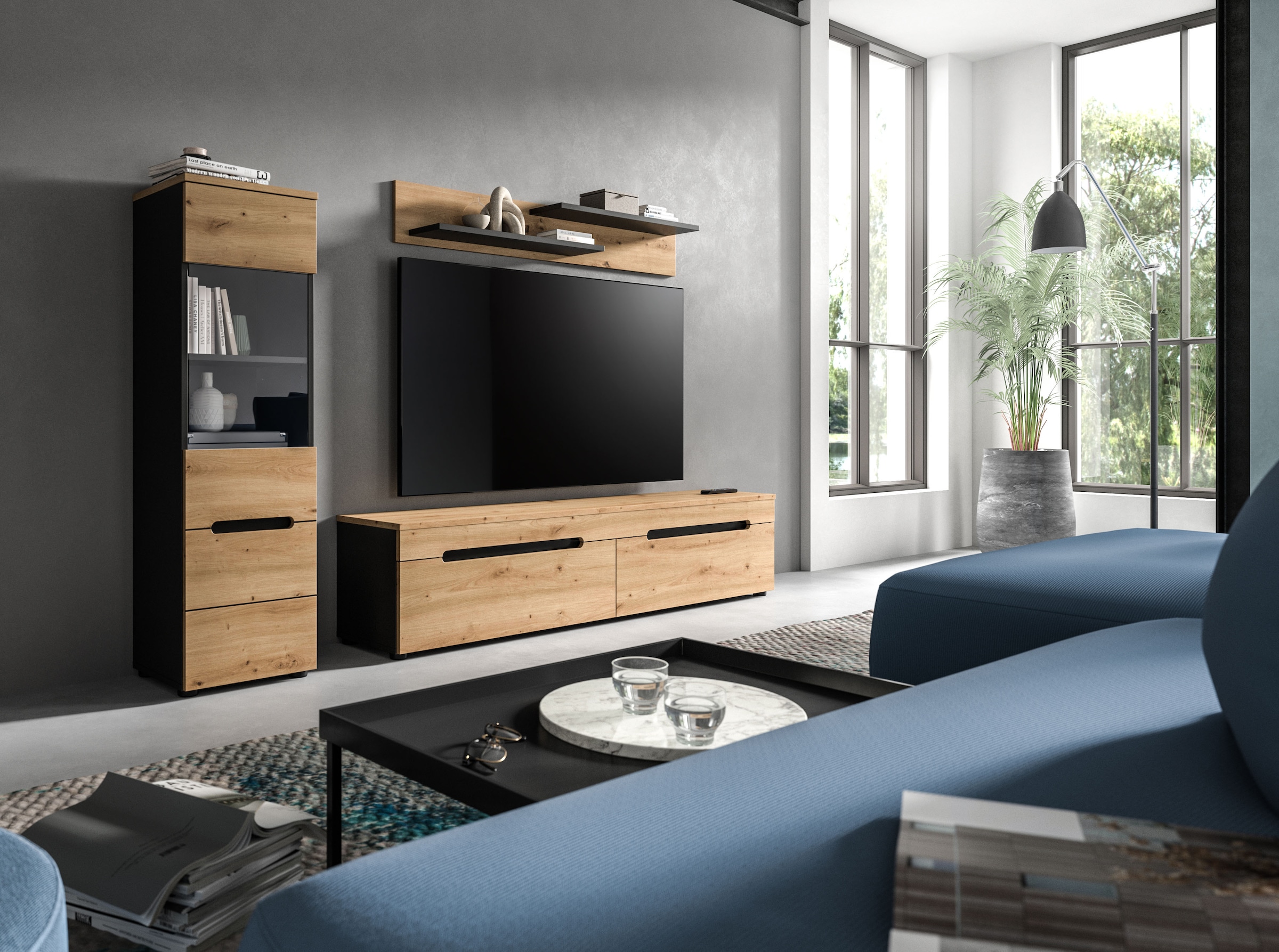 INOSIGN Wohnwand »REHAT, TOPSELLER!, 3-teilig, wahlweise stehend und hängend montierbar« Set bestehend aus: Vitrine, Lowboard und Wandboard, 2 Stk. tlg.