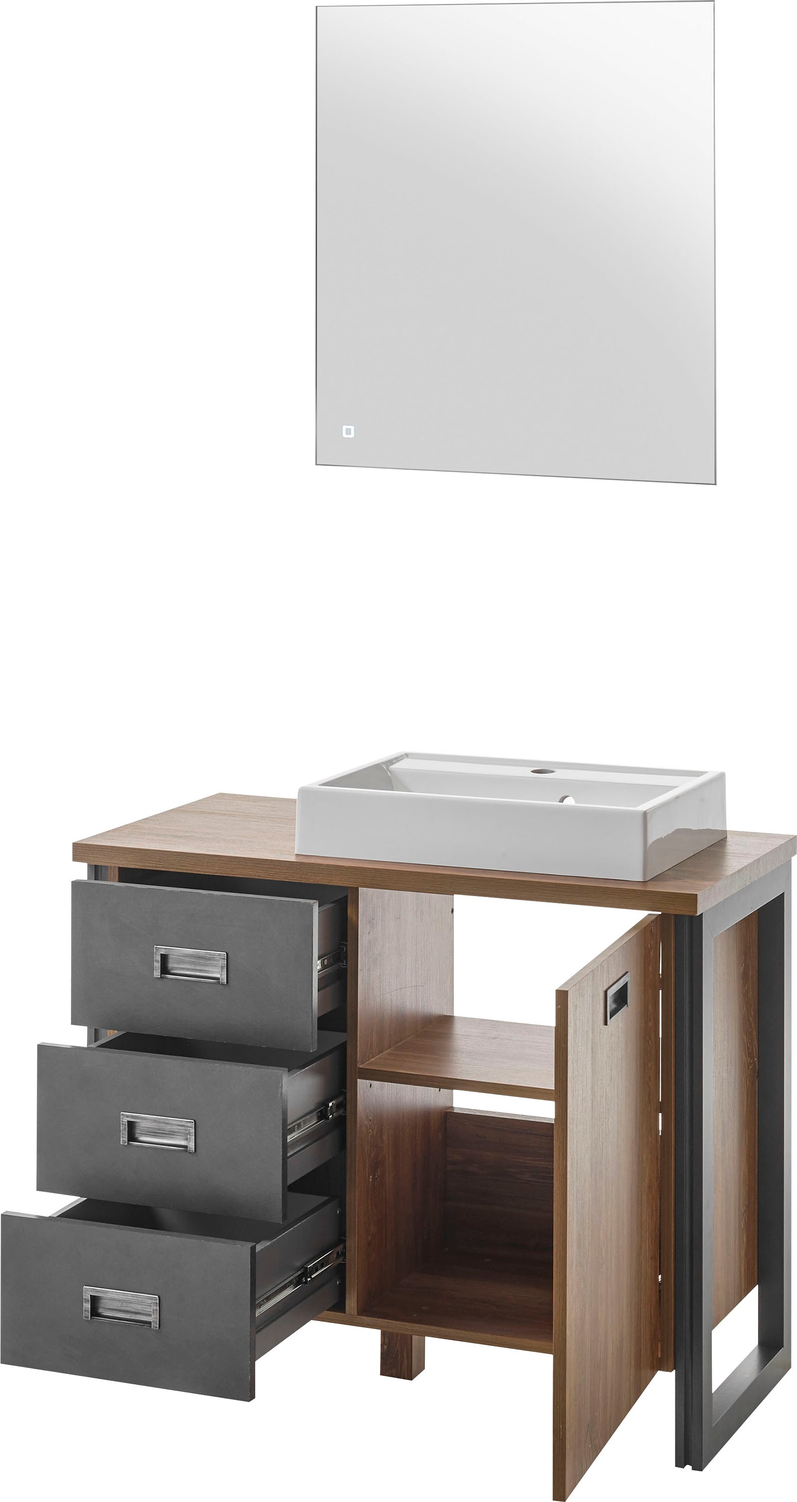 Home affaire Badmöbel-Set »Detroit, Bad im Industrialdesign, inkl. LED, 2-teiliges Badezimmer«, (2 St.), Waschtisch und Spiegel, inkl. Aufsatzwaschbecken aus Mineralguss