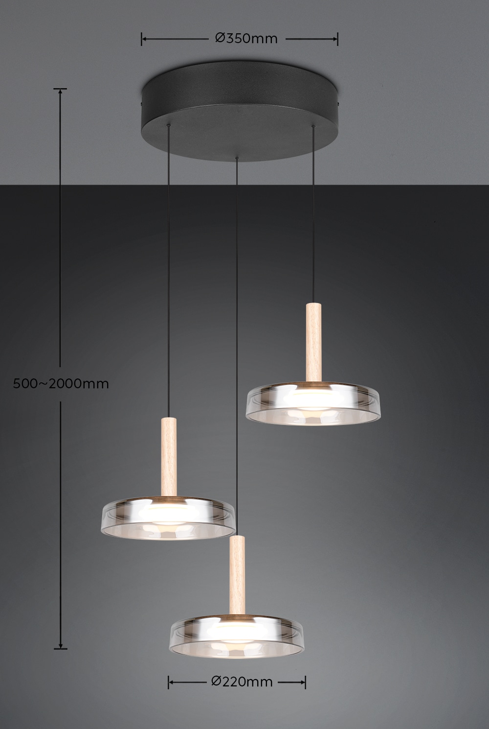 TRIO Leuchten LED Pendelleuchte »CELESTE dimmbare LED Hängelampe aus Metall Glas & Holz, 7,5W 750 Lumen«, 3 flammig, Leuchtmittel LED-Board | LED fest integriert, 3-flammig einfach höhenverstellbar von 50-200 cm 3-Stufen Dimmfunktion