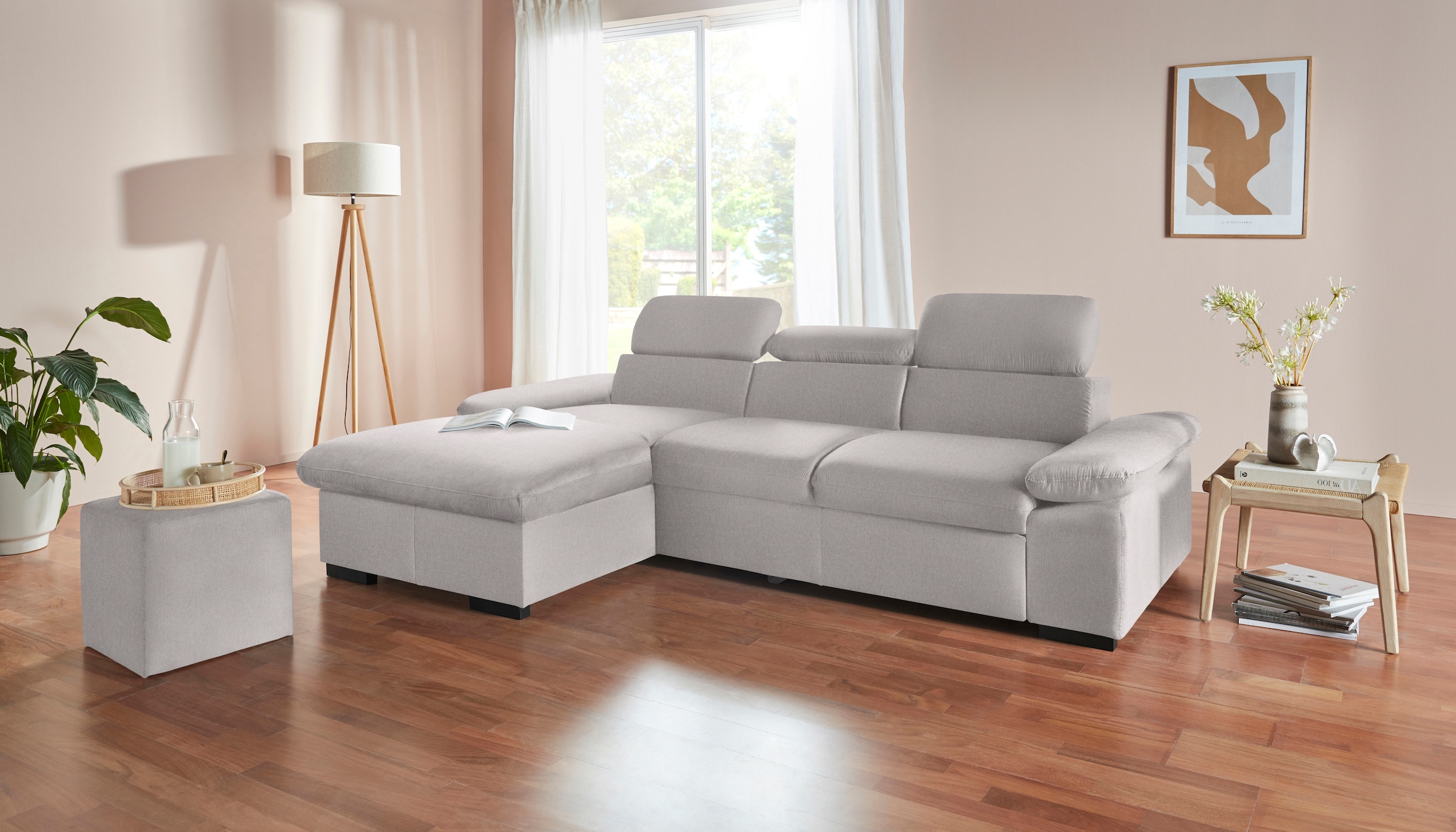 COTTA Ecksofa »Lola L-Form mit Kopfteilfunktion & Hocker«, (Set, mit Hocker), wahlweise mit Bettfunktion, Bettkasten & Armteilverstellung