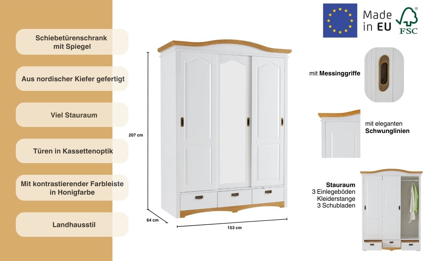Home affaire Schiebetürenschrank »Konrad, Landhausstil, rustikal, mit Schubladen + Spiegel, Kassetten«, (3 Breiten: 153/202/249 cm H/T ca.207/64 cm), massive Kiefer, FSC®-zertifiziert, Messinggriffe, mehrere Varianten