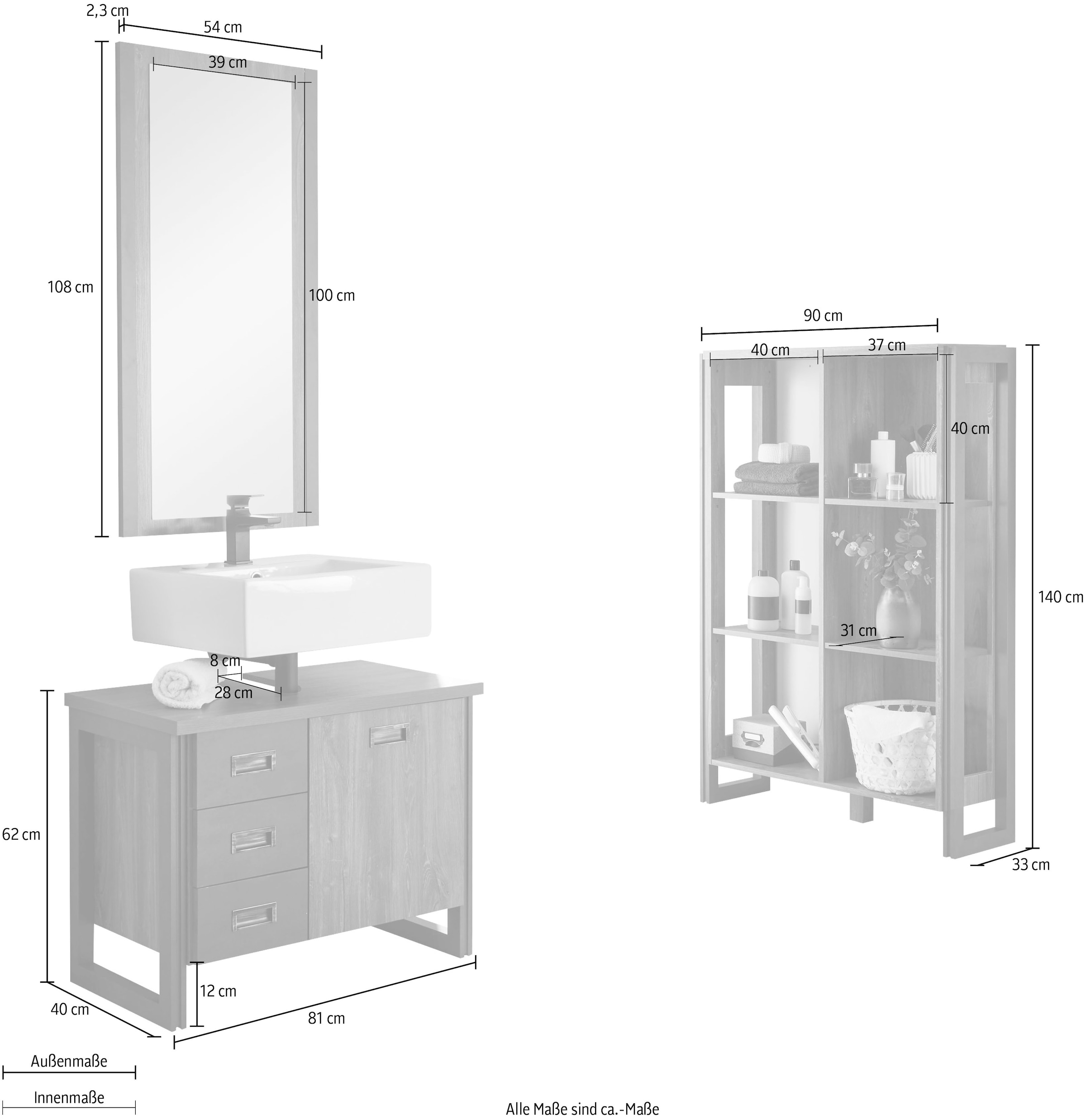 Home affaire Badmöbel-Set »Detroit, Bad im Industrialdesign, 3-teiliges Badezimmer«, (Set, 3 St.), Unterschrank, Regal & Spiegel, holzfarben, offene Fächer & Stauraum