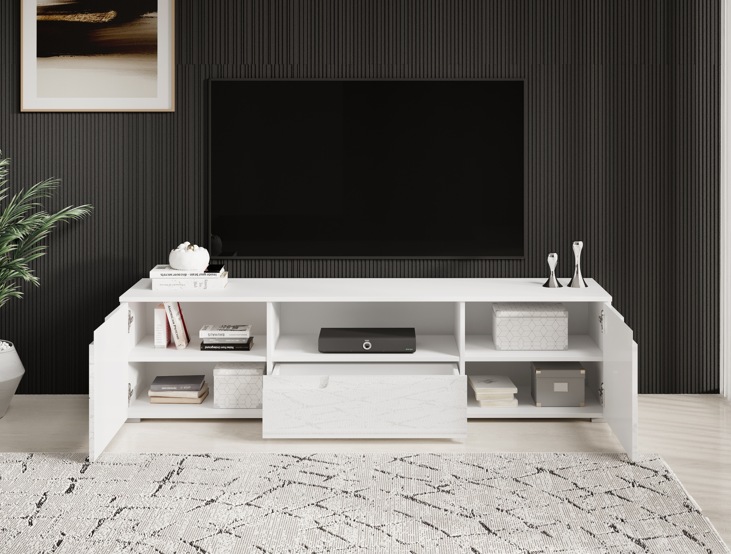 HBZ Lowboard »Spice weiß Hochglanz, TV Schrank bis 65 Zoll, BxHxT 165x42x40 cm«, (1 St.), Mit 2 Türen, 1 Schubkasten, 1 Kabeldurchführung, 1 offenes Fach