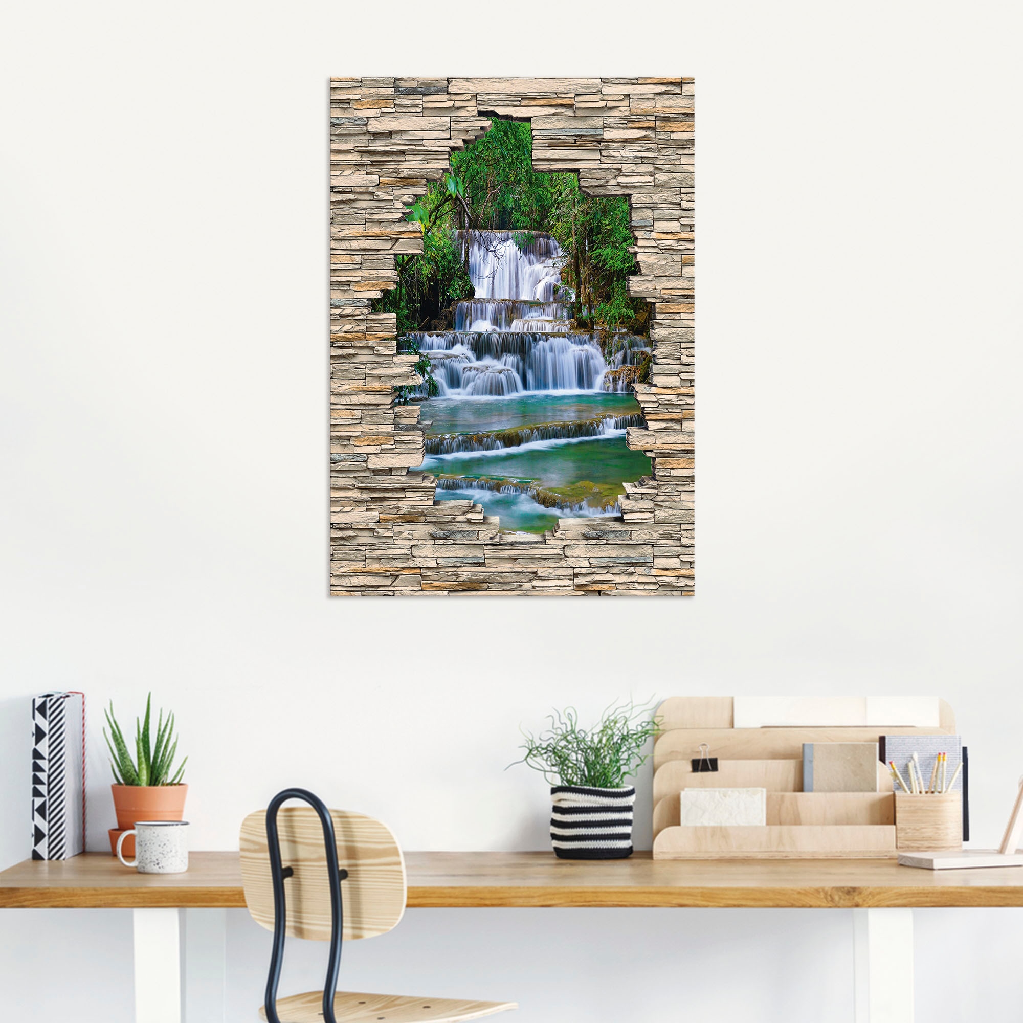 Artland Wandbild »Tiefen Wald Wasserfall Stein Mauer Blick«, Wasserfallbilder, (1 St.), als Alubild, Outdoorbild, Wandaufkleber in verschied. Größen