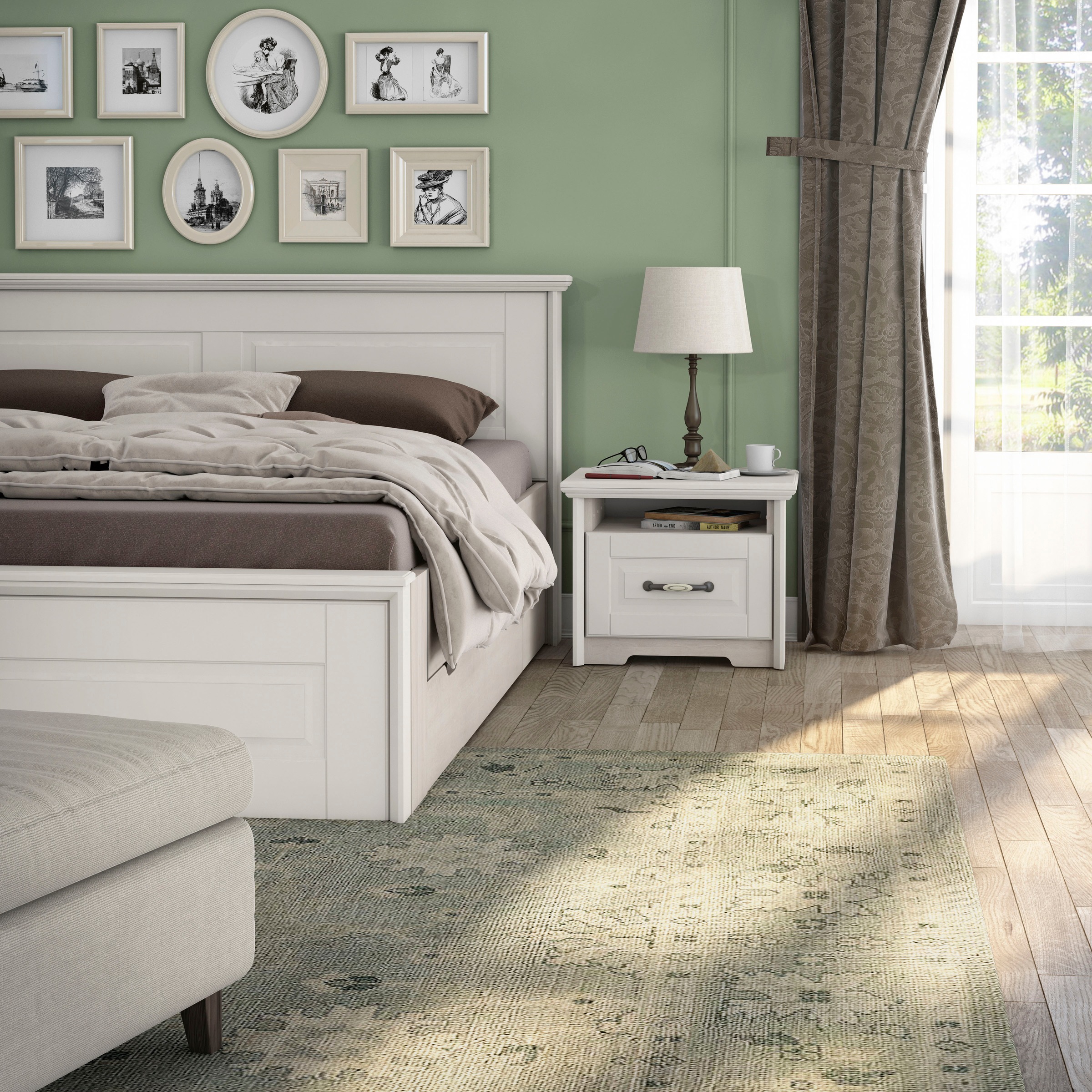 Home affaire Nachtkommode »Evergreen, Maße: B/T/H 56/42/45cm, Soft-Close-Funktion«, (1 offenes Fach und 1 Schublade mit dekoriertem Metallgriff), im klassischen Landhausstil,FSC-zertifiziert,hochwertige UV Lackierung