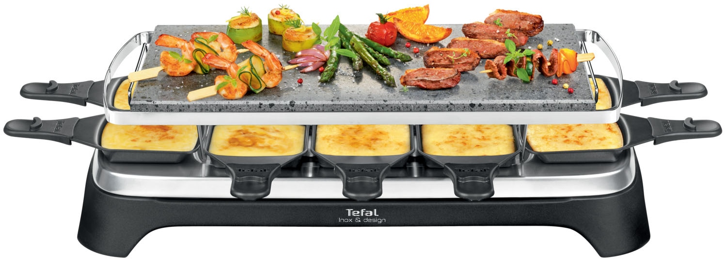 TEFAL Raclette »Pierrade, Naturstein, spülmaschinengeeignete Pfännchen« 10 Stk. Raclettepfännchen 1.350 W Abnehmbares Kabel, inkl. Schaber, PR457B...