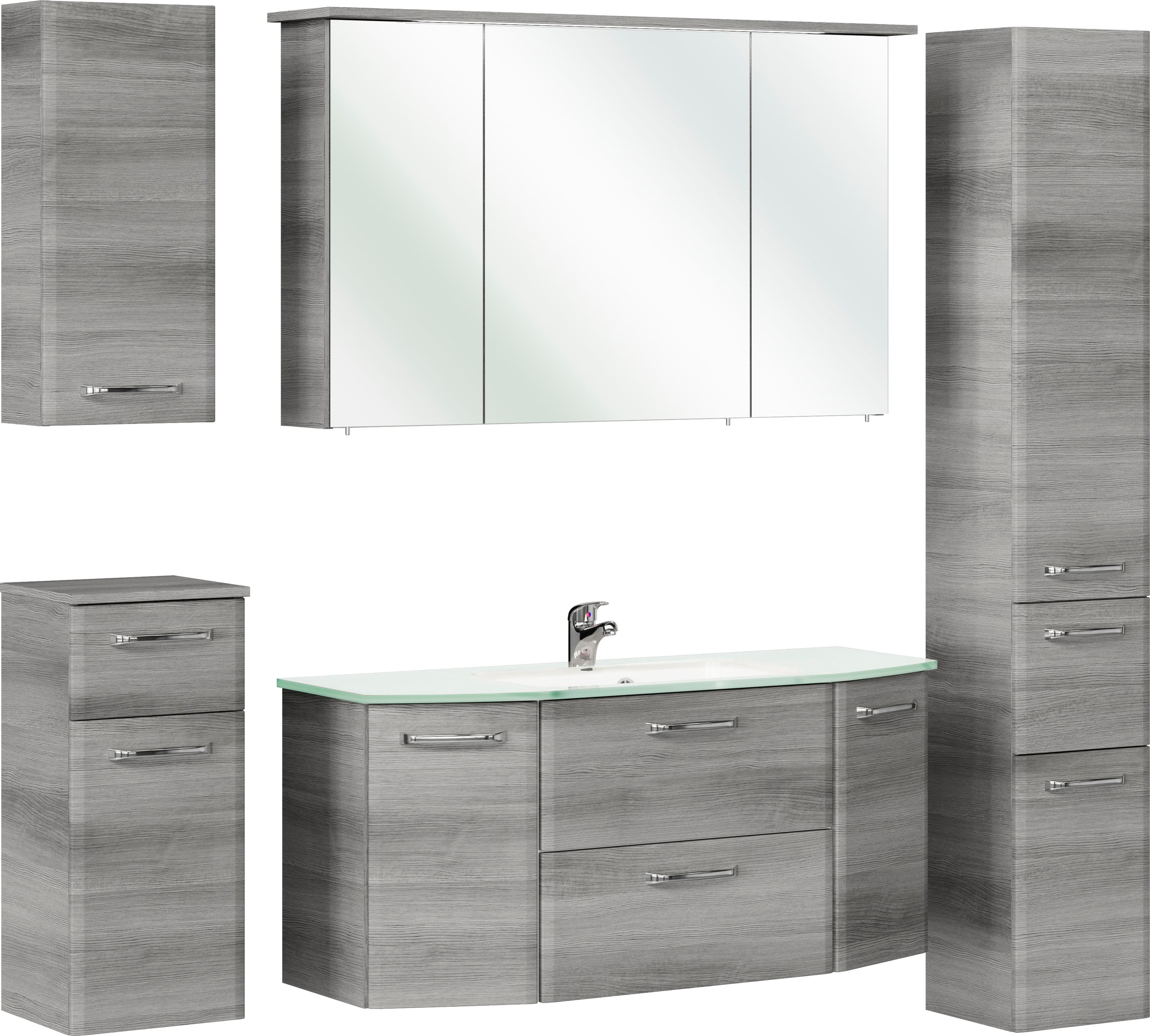 Saphir Badmöbel-Set »Quickset 5-teilig, Glaswaschtisch und LED-Spiegelschrank«, (6 St.), Hochschrank, Unterschrank, Hängeschrank, inkl. Türdämpfer