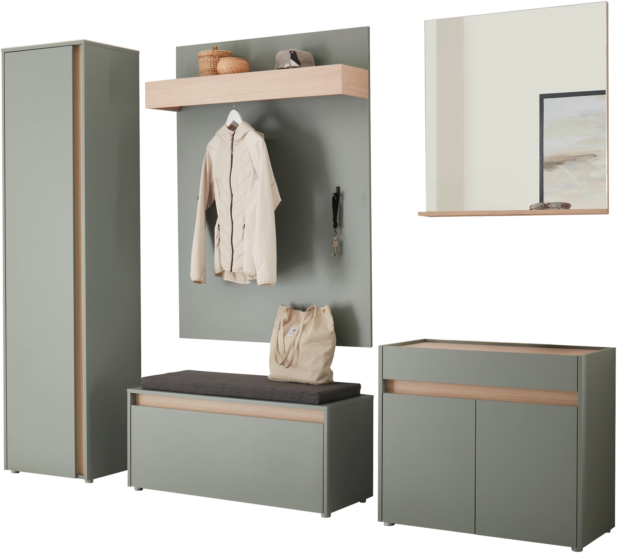 INOSIGN Garderoben-Set »GIRON/CiTY, moderne Garderobe, Komplettset mit viel Stauraum«, (Komplett-Set, 5 St.), enthält Schrank, Kommode, Spiegel, Paneel & Schuhbank +Sitzkissen