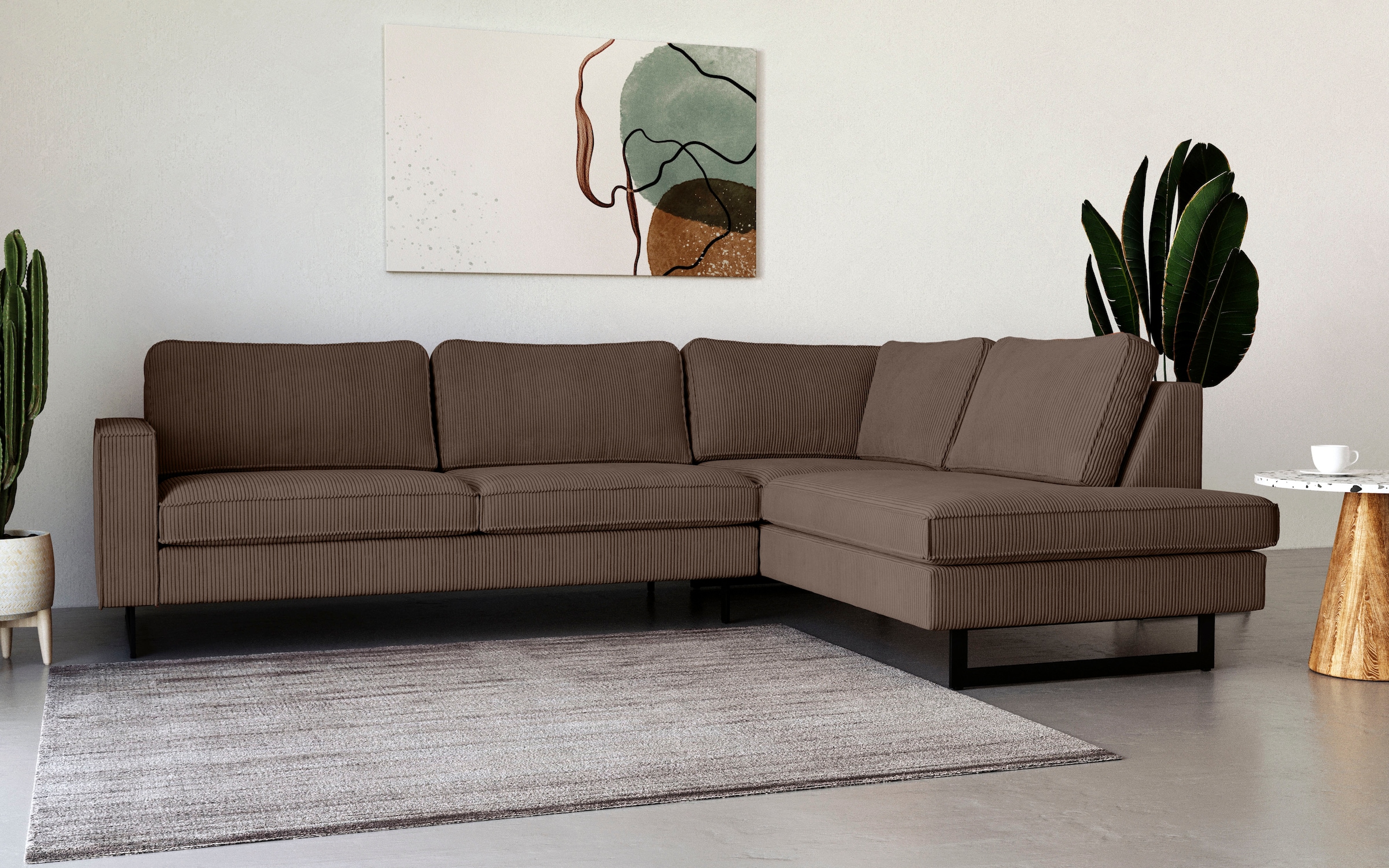 Places of Style Ecksofa »Pinto, 290 cm, Cord, Chenille, Lederoptik, Ottomane links / rechts«, mit Keder, schwarze Metallfüße, Wellenunterfederung