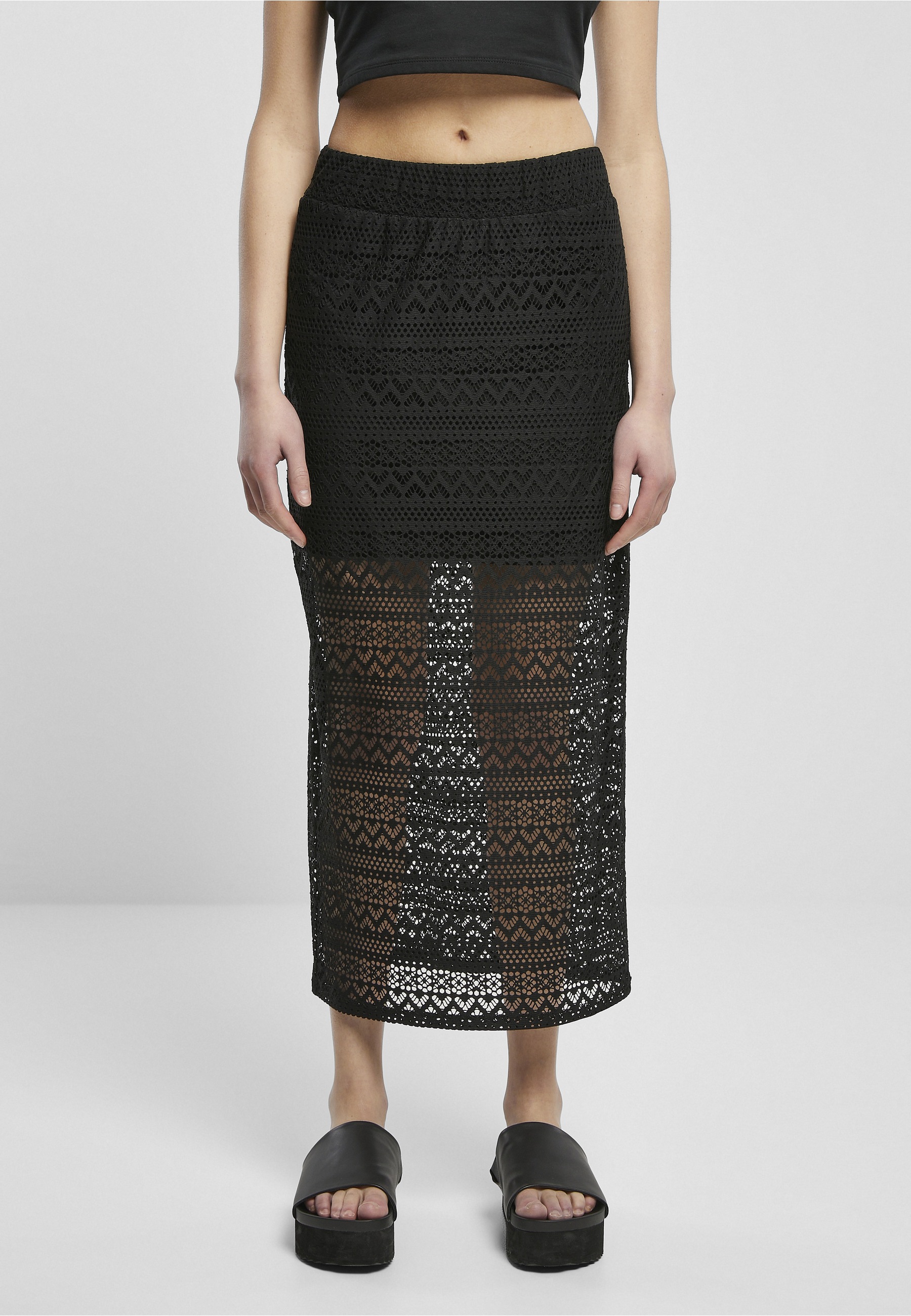 URBAN CLASSICS Jerseyrock »Urban Classics Damen Ladies Stretch Crochet Lace Midi Skirt« 1 Stk.