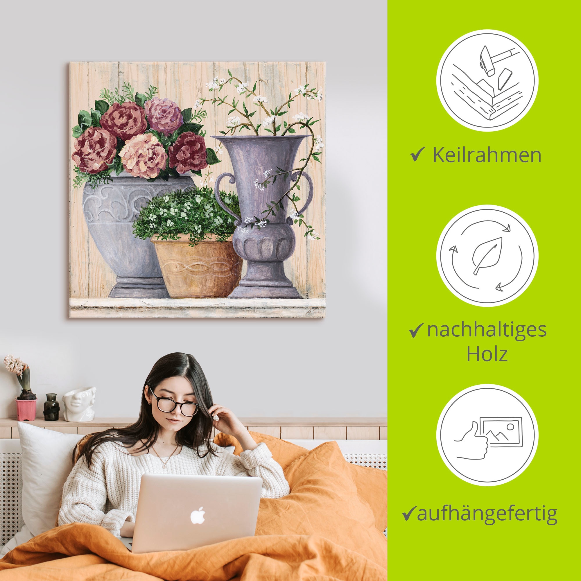 Artland Wandbild »Antike Blumen_hell«, Vasen & Töpfe, (1 St.), als Alubild, Outdoorbild, Leinwandbild, Poster, Wandaufkleber