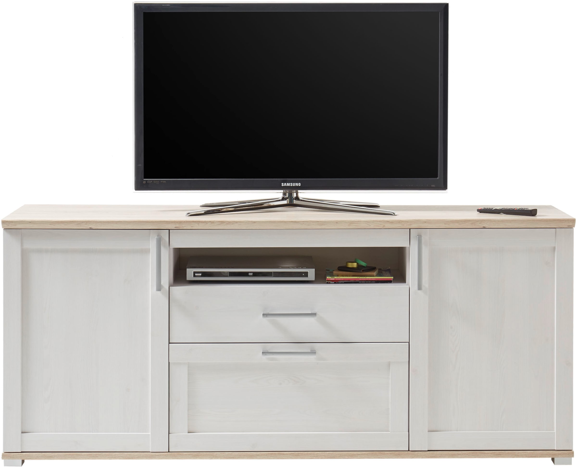 HBZ Lowboard »Romance Landhaustil, TV Möbel bis 65 Zoll, BxHxT 190x82x44 cm«, (1 St.), Mit 2 Türen, 1 offenes Fach, 1 Schubkasten und 2 Einlegeböden