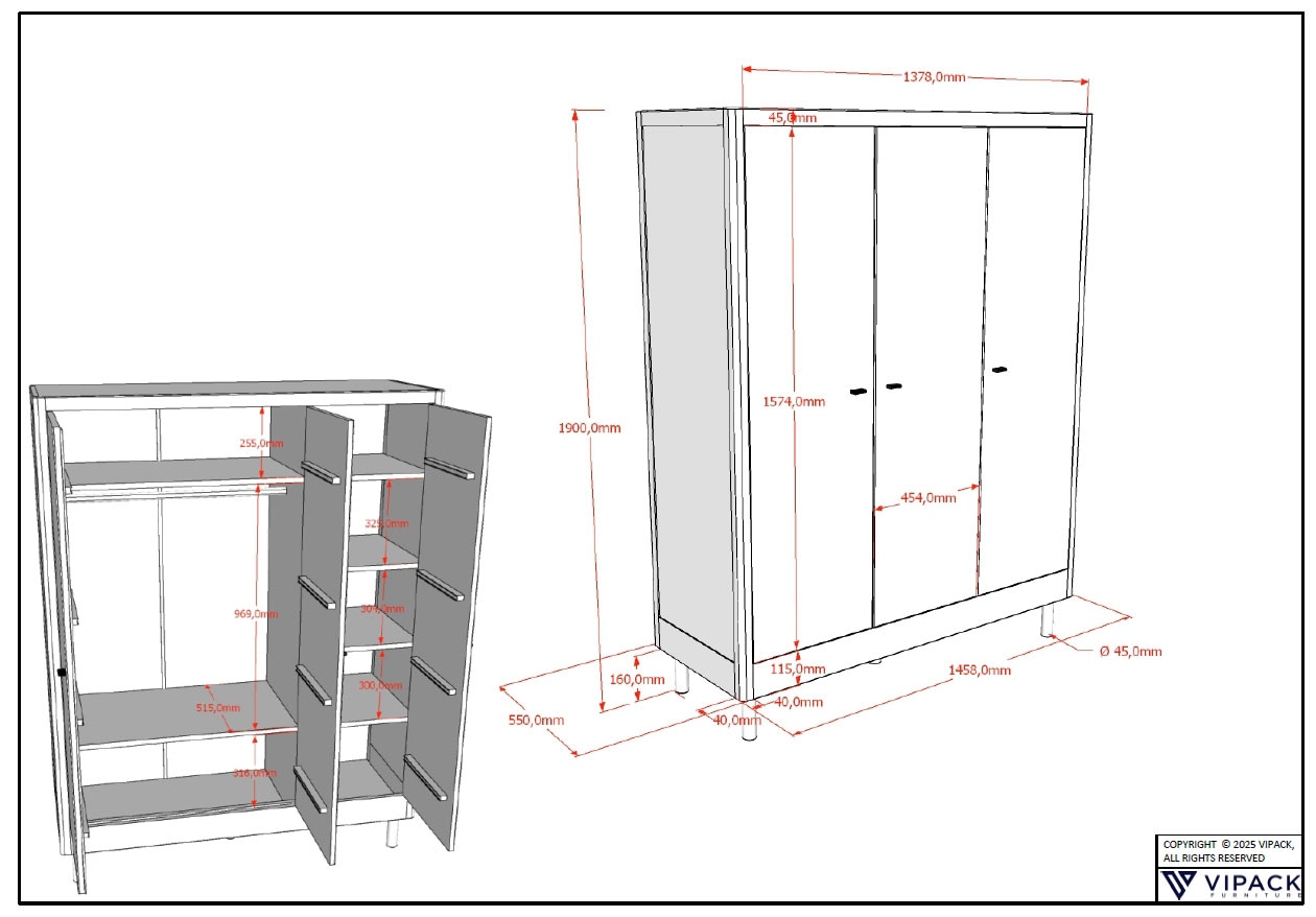Home affaire Kleiderschrank »Forrest mit 3 Drehtüren (Soft-Close), Made in Europe, zeitloses Design«, (B/H/T ca: 145,8x190x55 cm, Massivholz in 2 Farben erhältlich), praktische Facheinteilung, viel Stauraum, hochwertige Verarbeitung