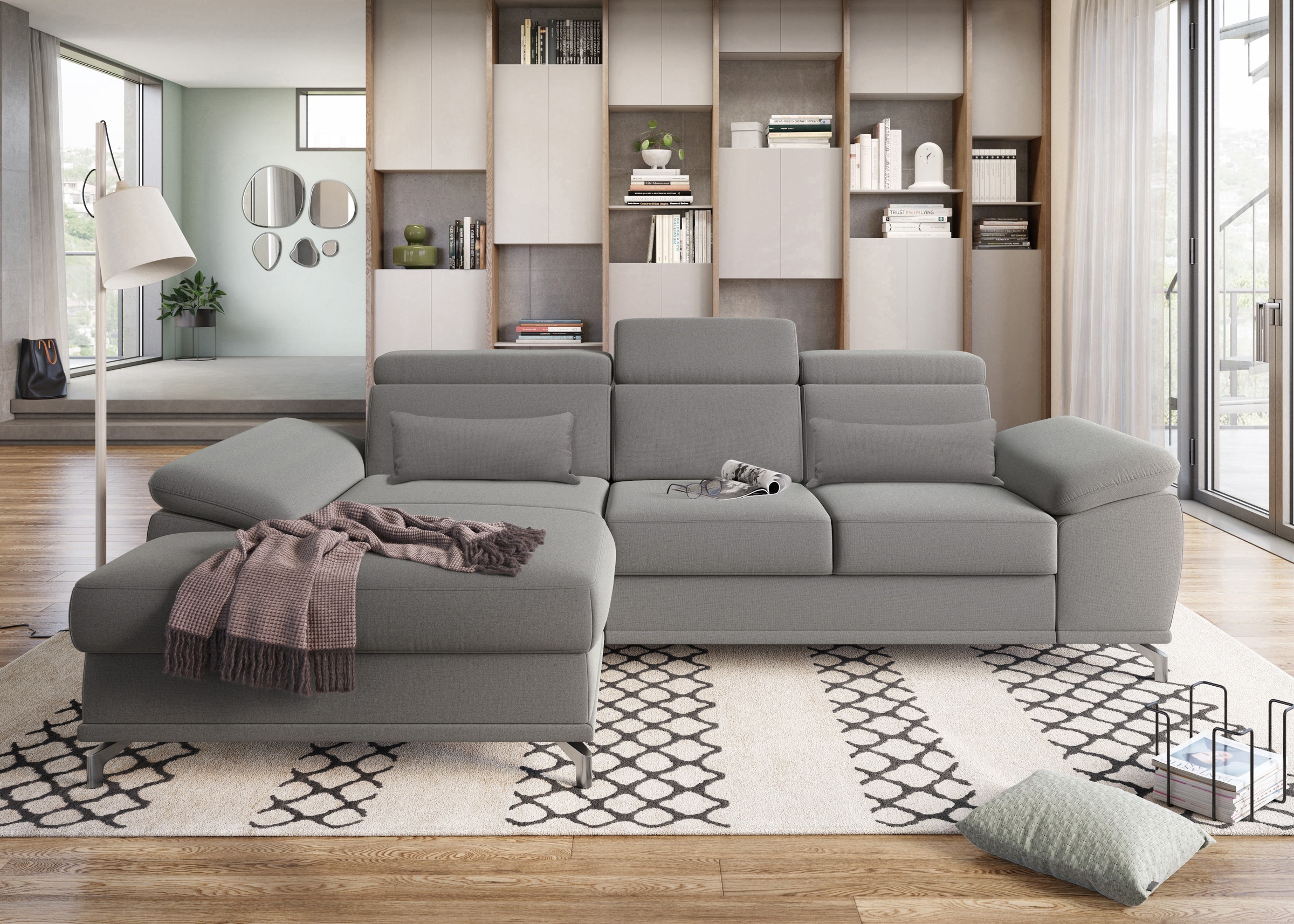 sit&more Ecksofa »Cabrio L-Form, mit Sitztiefenverstellung, Arm- und Kopfteilverstellung«, 2 Nierenkissen, Federkern, optional Bettfunktion und Stauraum