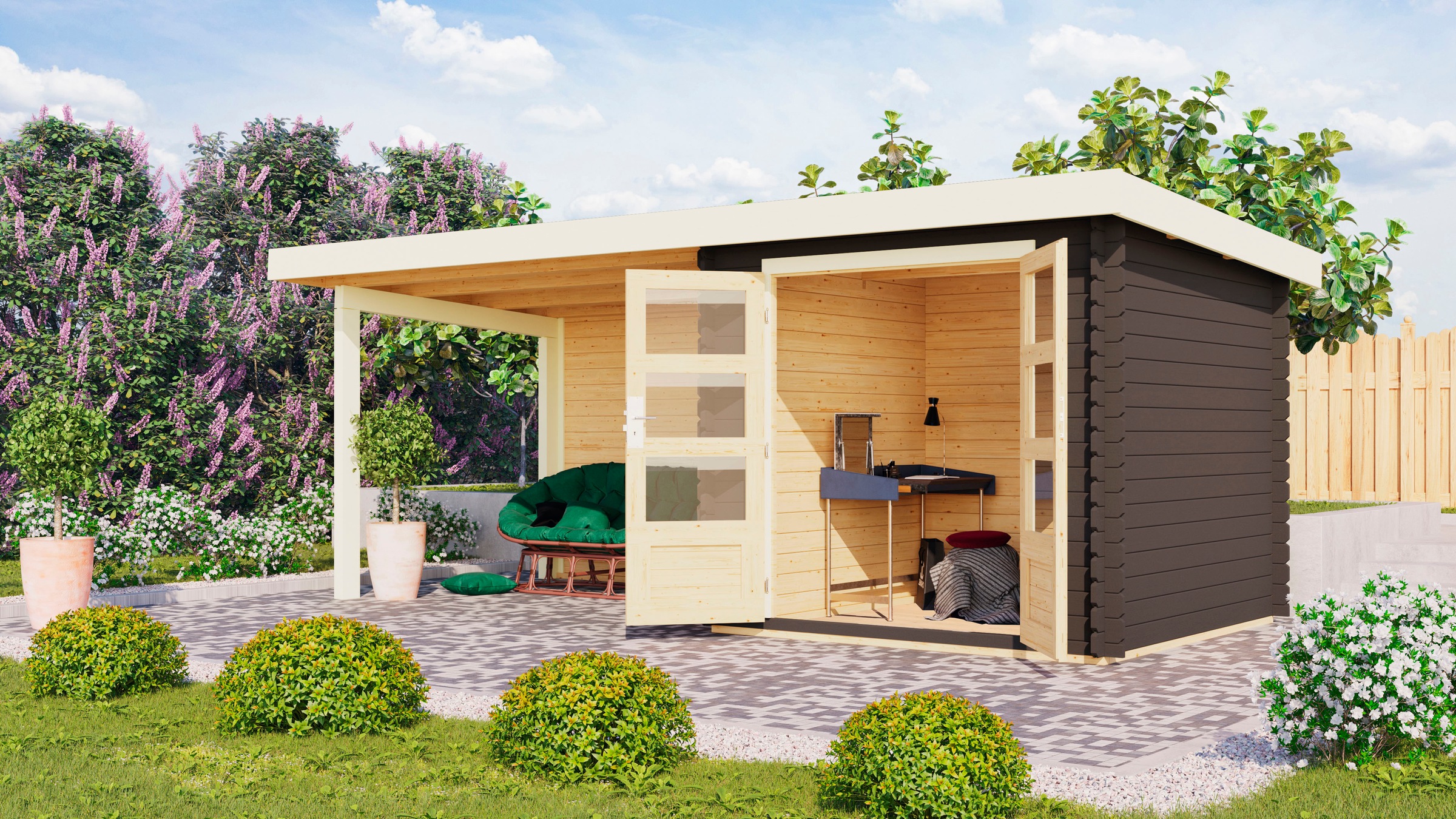 Karibu Gartenhaus »Schloßsee 2«, mit Boden, Anbaudach und Rückwand