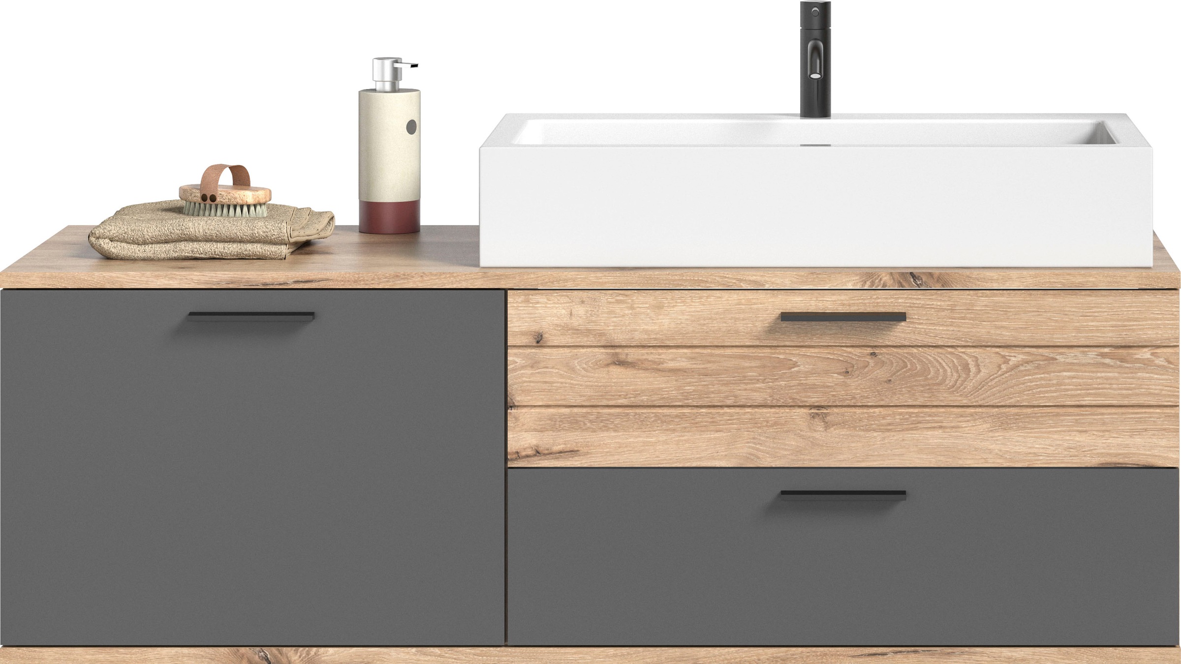 INOSIGN Badmöbel-Set »Riga, 4 teilig, inklusive Keramik-Aufsatzwaschbecken, bestehend aus:«, (Set, 4 St.), Waschtisch-Set, Hängeschrank, Badspiegel, Midischrank